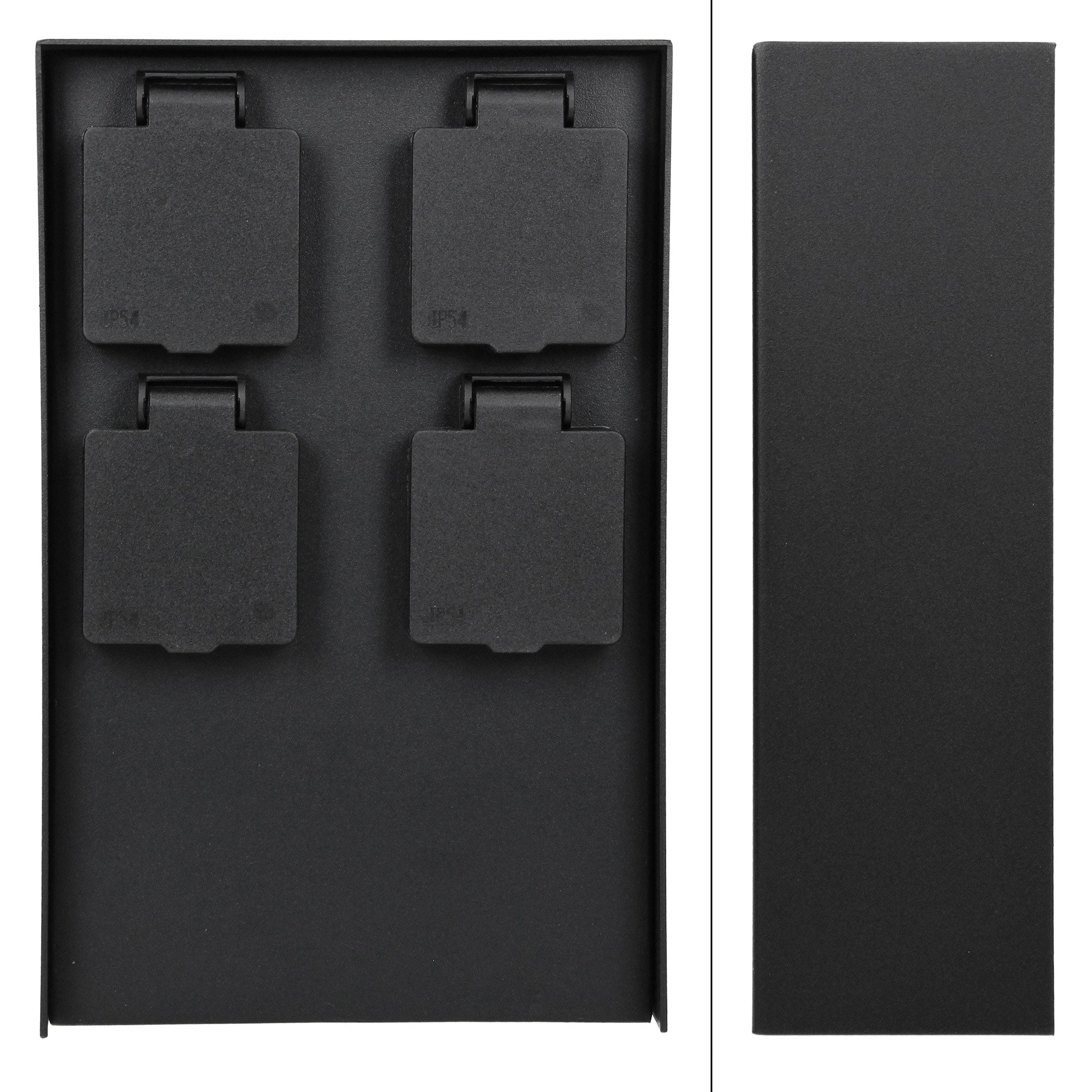 Schwarze Box mit vier Clips auf einem schwarzen Hintergrund.