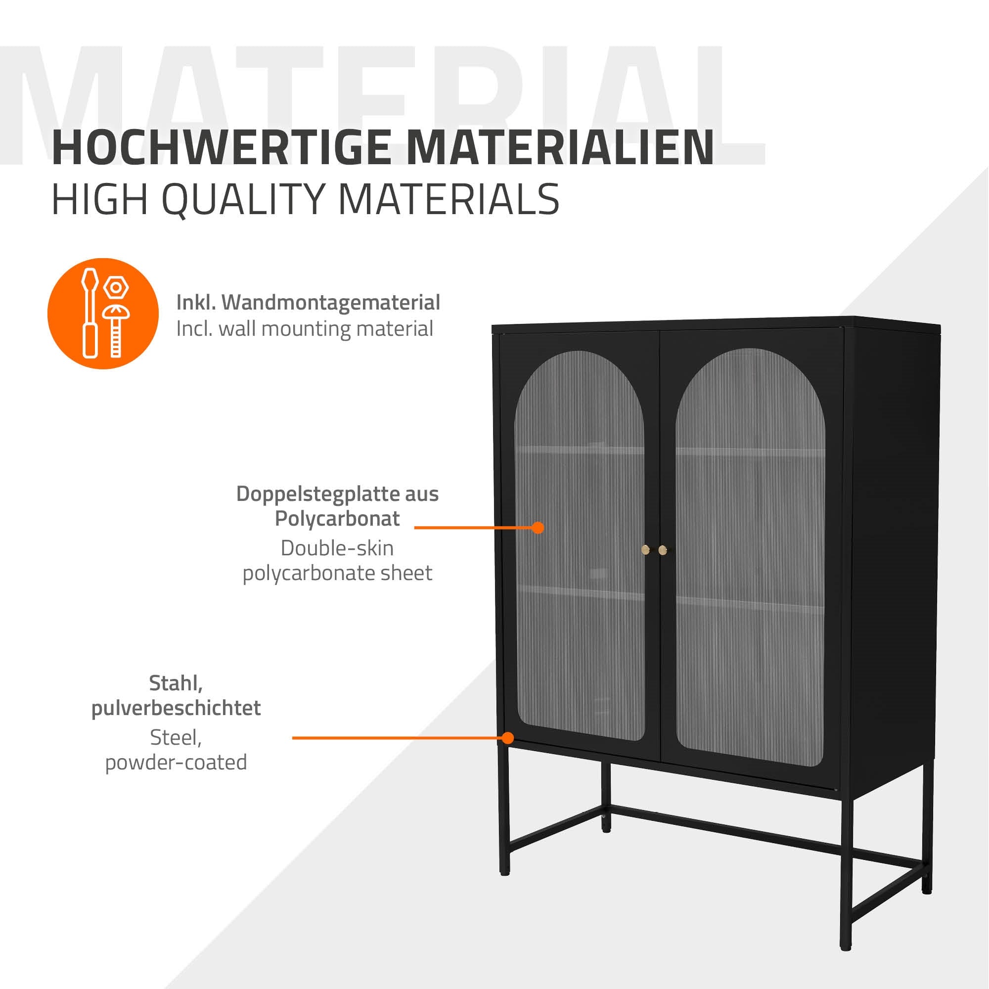 Schwarzer Vitrinenschrank aus pulverbeschichtetem Stahl mit doppelter Polycarbonatplatte.