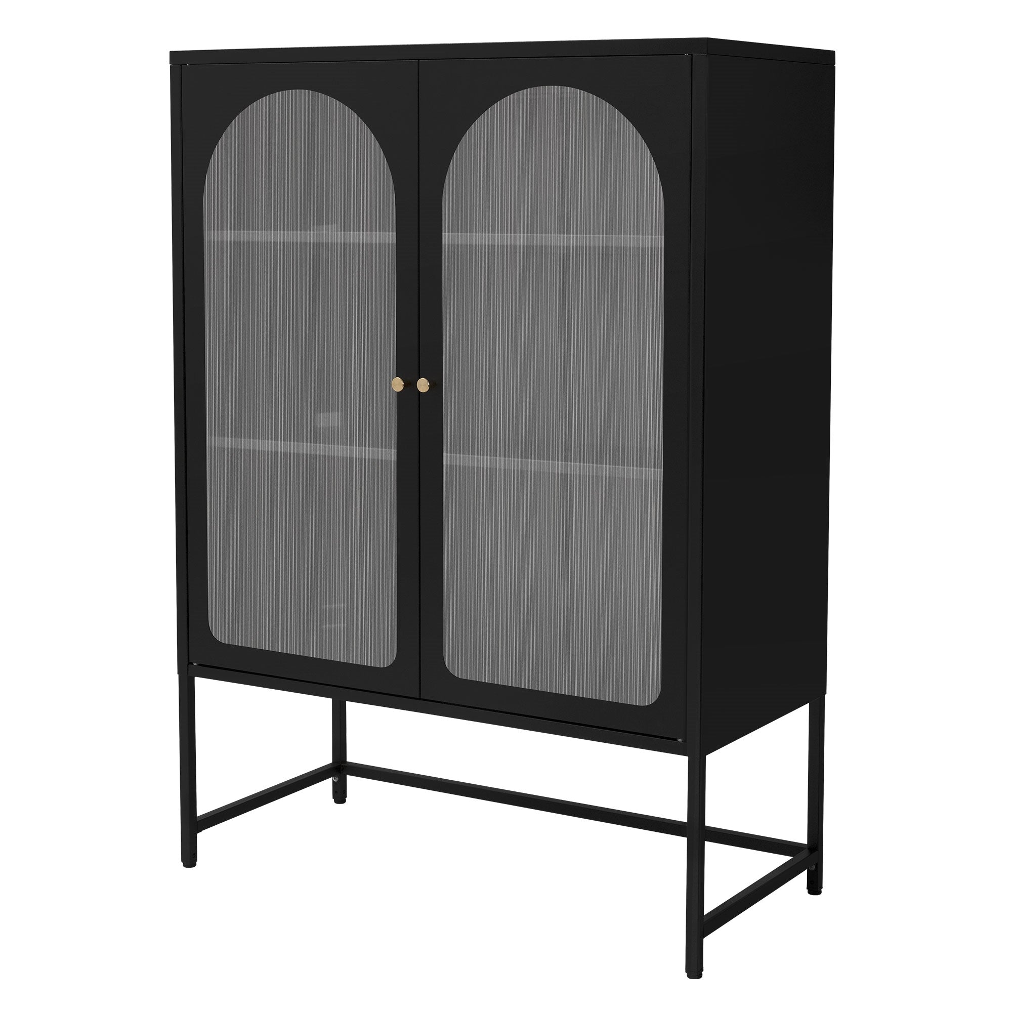 Schrank mit zwei Türen und transparenten Einsätzen, auf einem stabilen Gestell.
