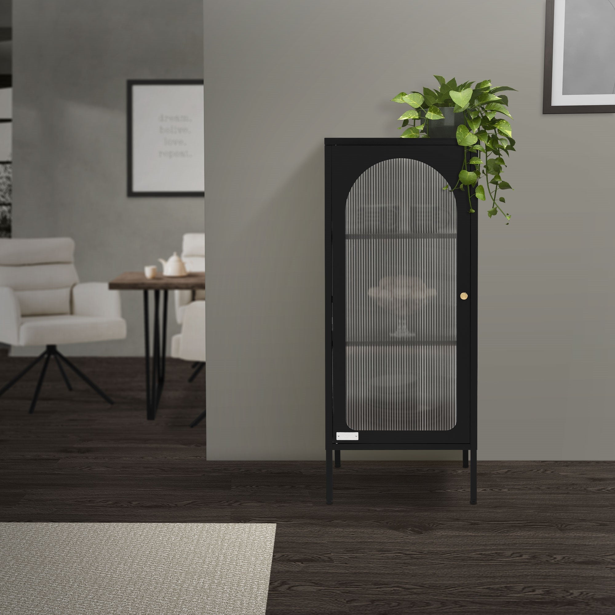 Armoire noire avec des plantes, dans une pièce moderne avec un sol en bois.