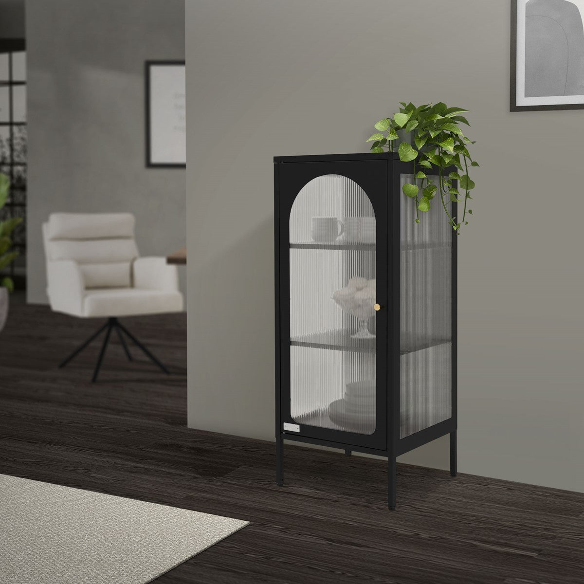 Armoire noire avec des plantes dans une pièce moderne avec un parquet en bois.