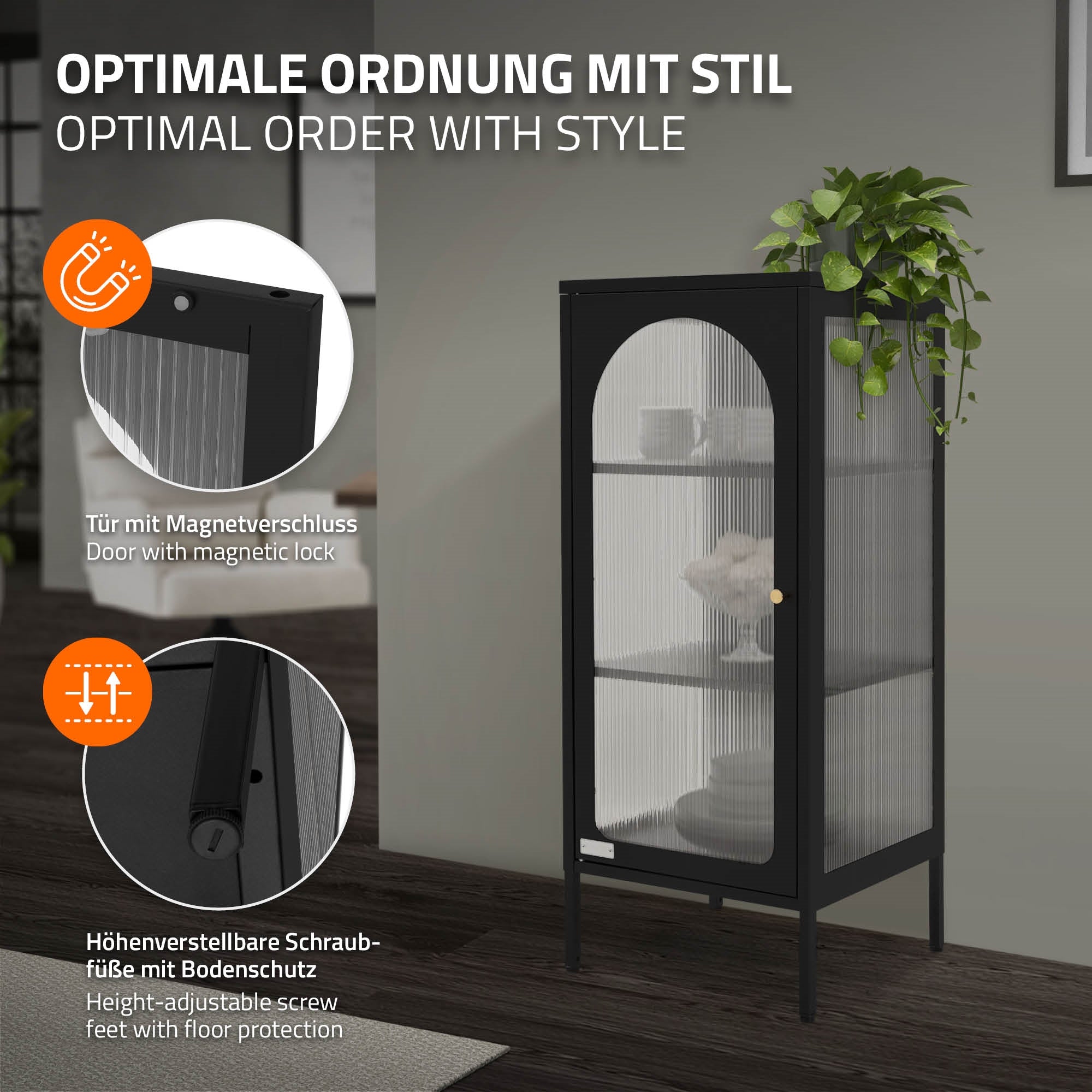 Vitrine avec fermeture magnétique et pieds réglables en hauteur.
