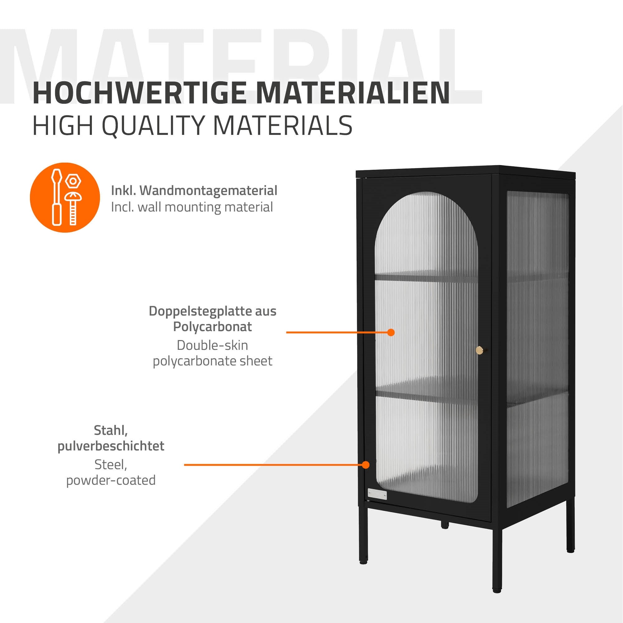 Armoire avec des portes en verre double, en acier revêtu de poudre.