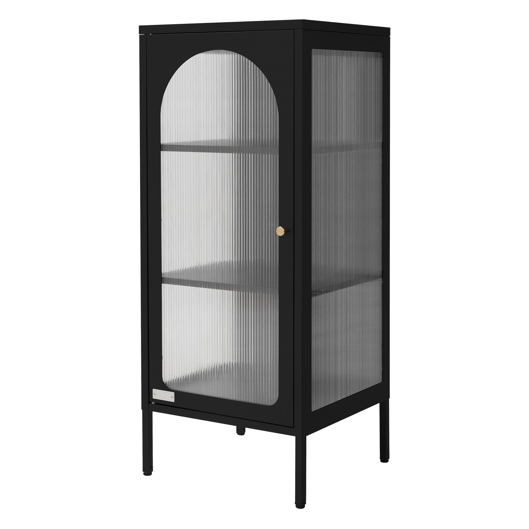 Schwarzer Schrank mit gewölbter Glastür und drei Regalen.