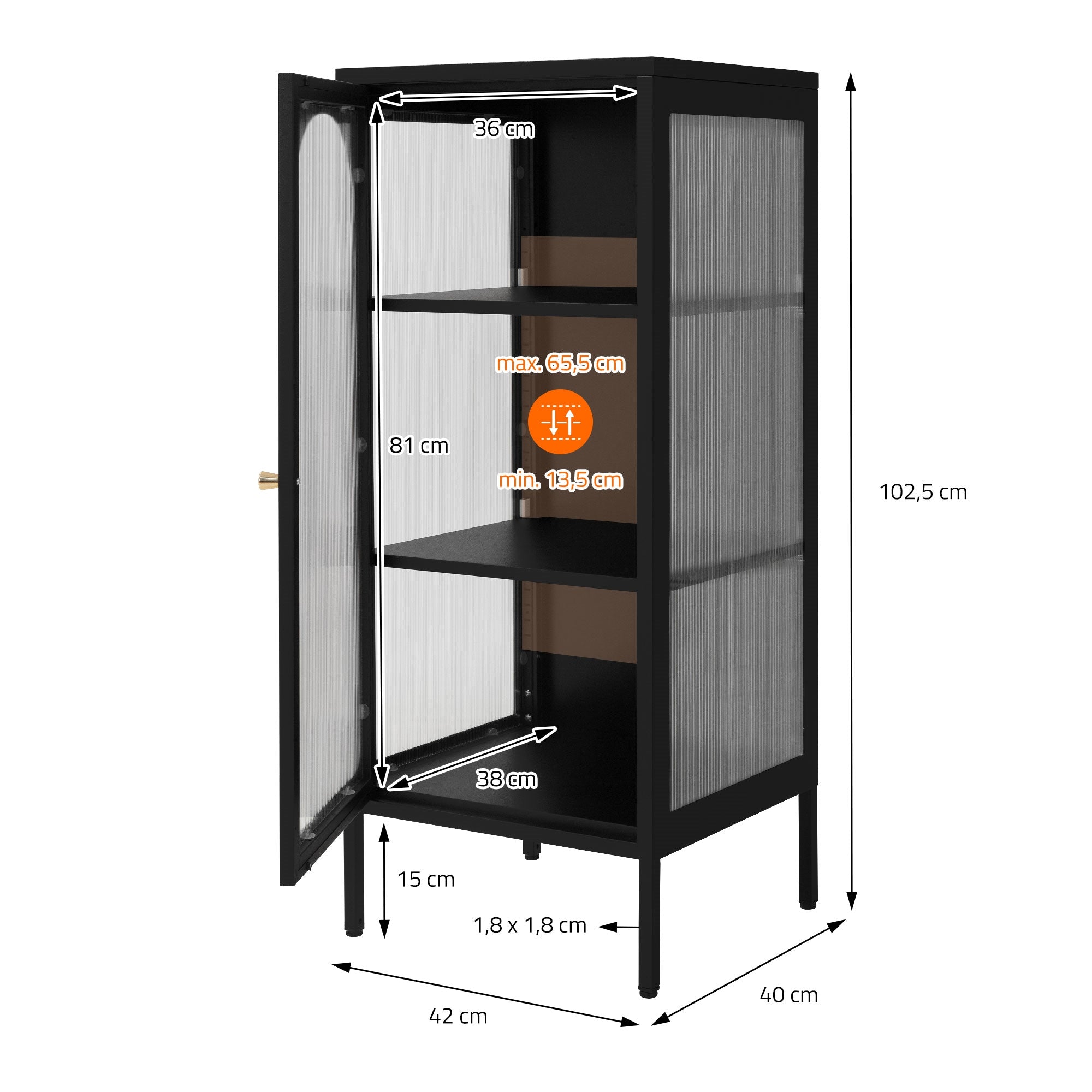 Graphique avec les dimensions d'une vitrine et des portes ouvertes.