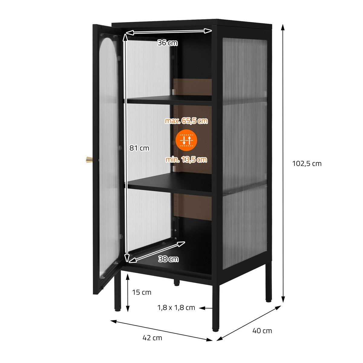 Illustration indiquant les dimensions d’une vitrine aux portes ouvertes.