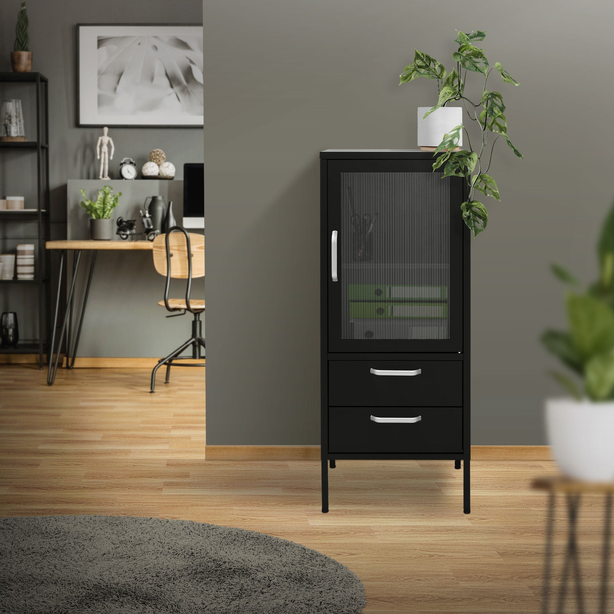 Schwarzer Schrank mit Glastür und Pflanzen, im modernen Raum mit Holzfußboden.
