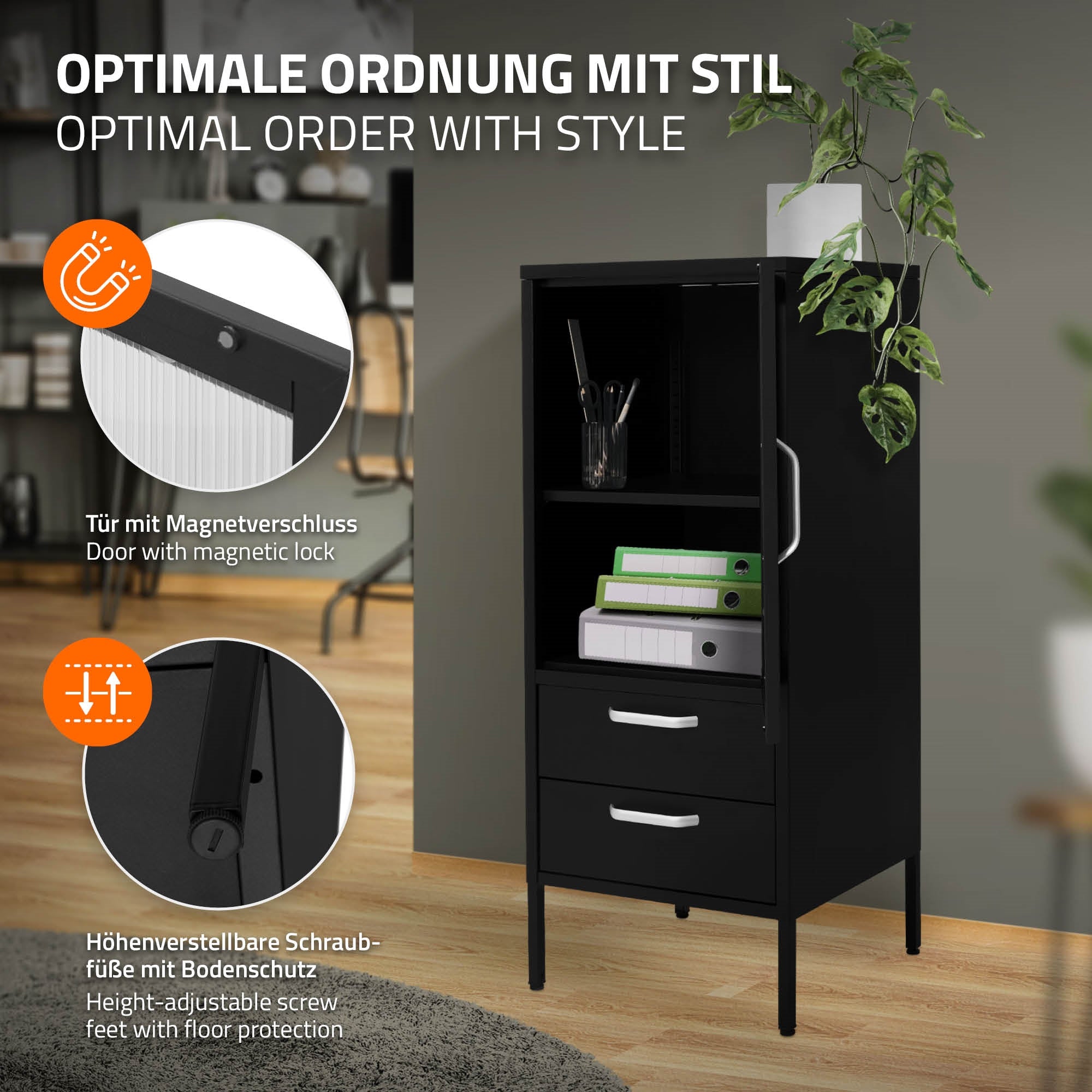 Schwarzer Schrank mit zwei Regalen, Schubladen und Pflanzen, moderner Innenraum.