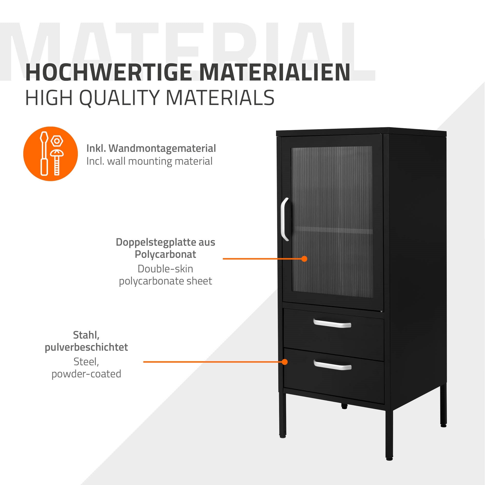 Schwarzer Schrank mit einer Glastür und zwei Schubladen.