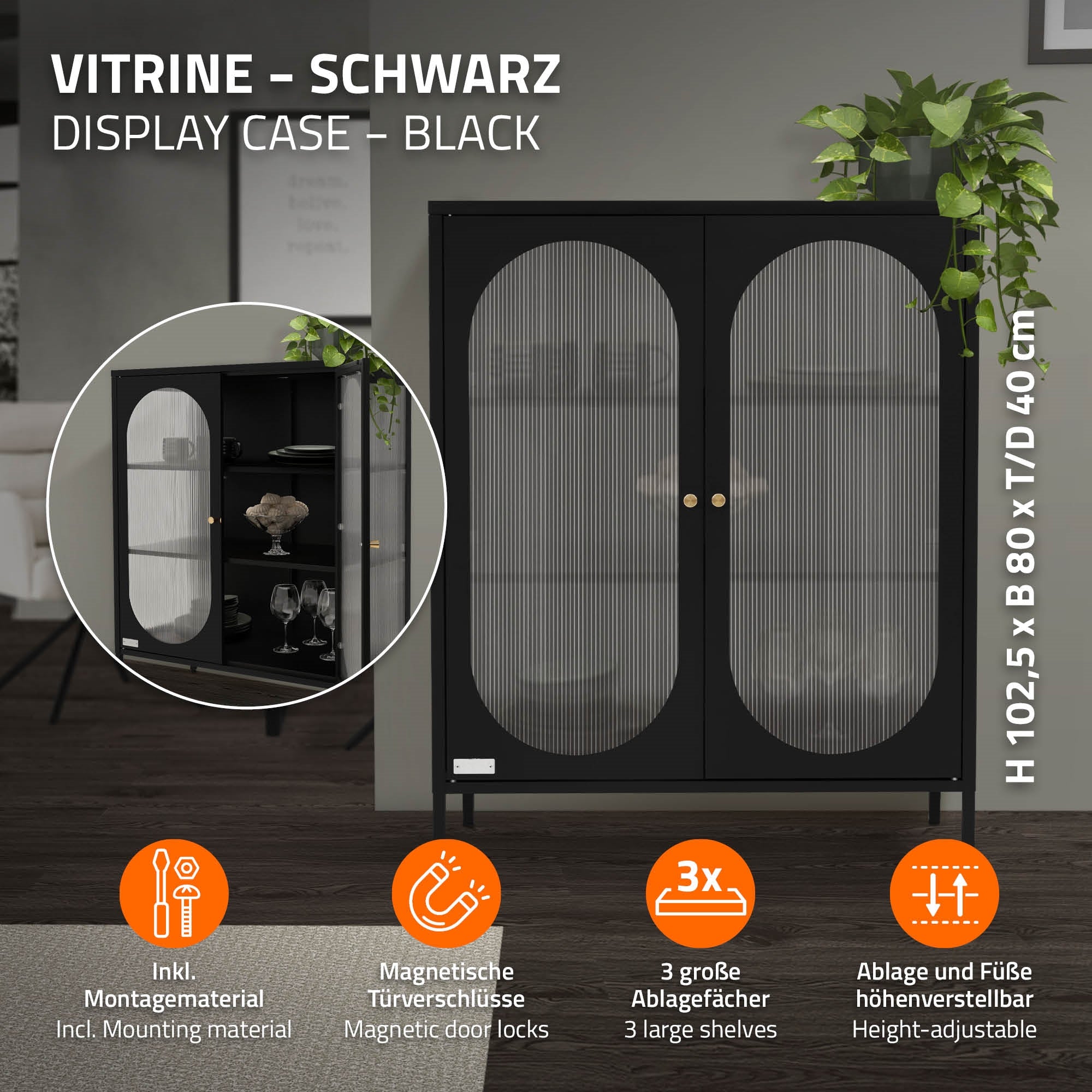 Schwarze Vitrine mit zwei Türen und drei Ablagefächern, Pflanzen auf der Oberseite.