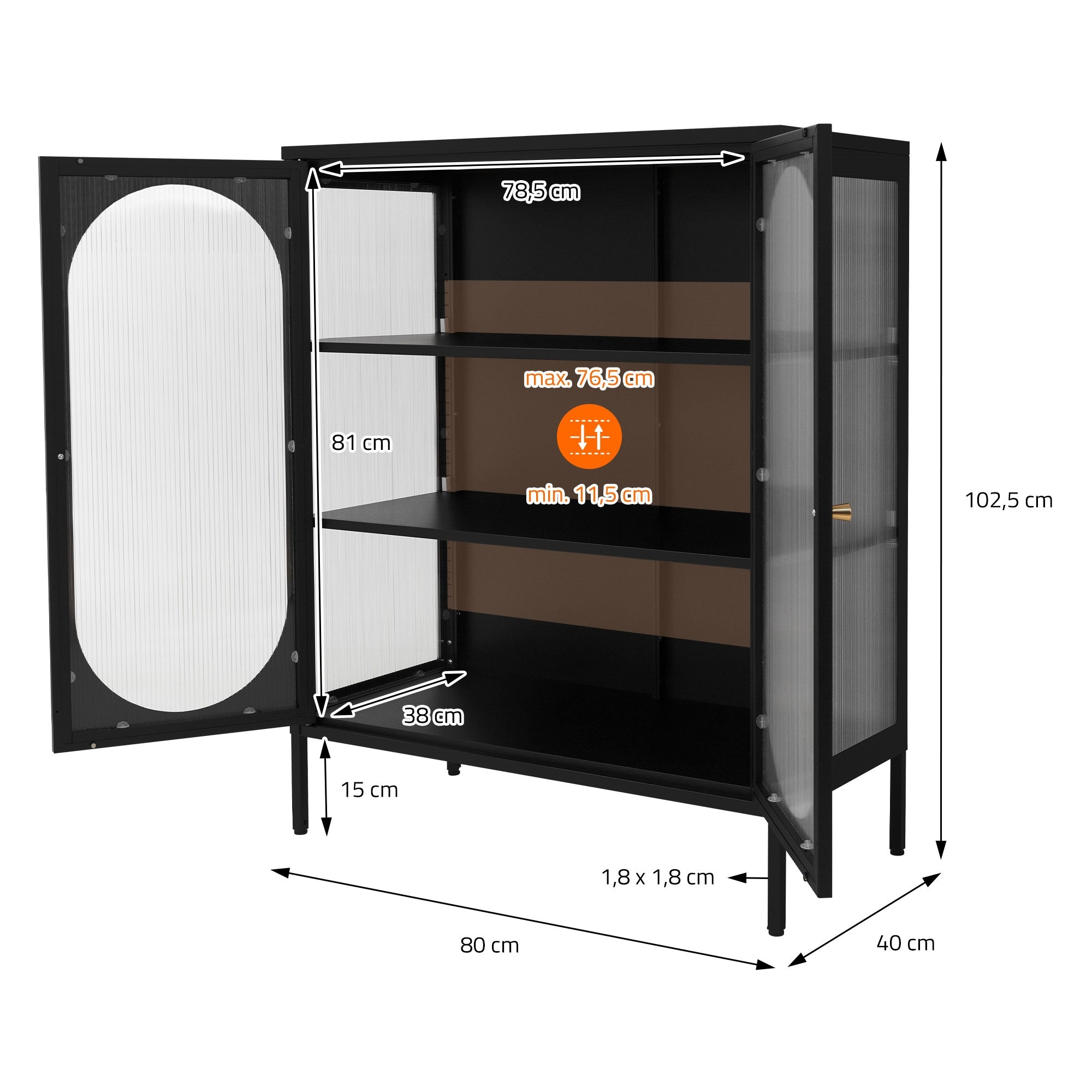 Armoire noire avec des portes ouvertes, dimensions intérieures et étagères représentées.