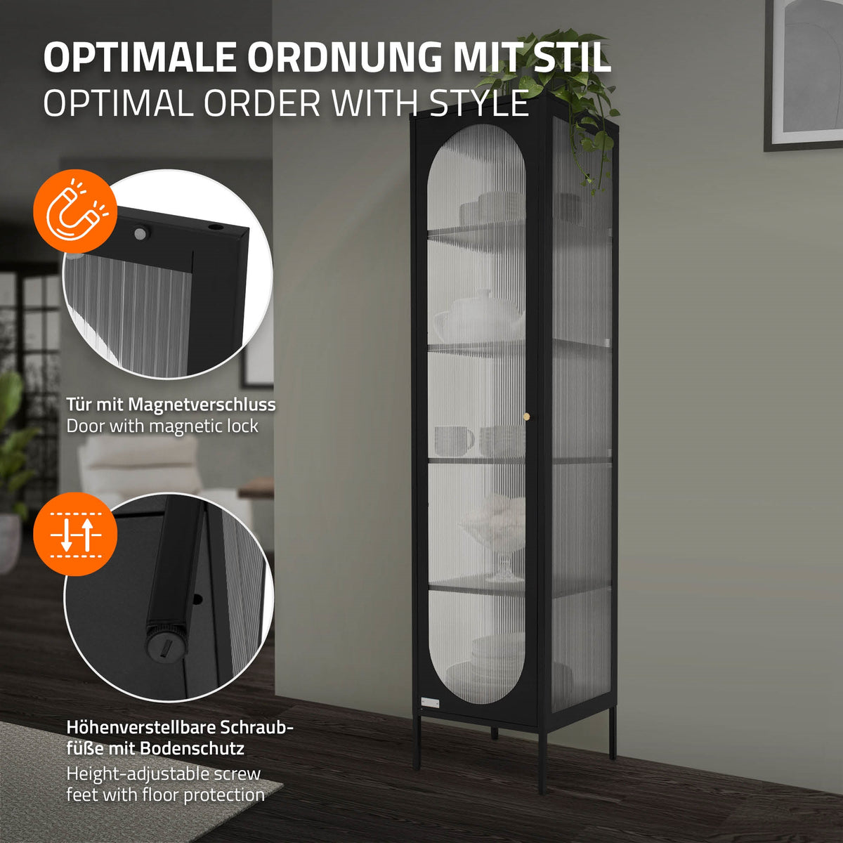 Grafik zu Funktionen des Vitrinenschranks mit Magnetverschluss.