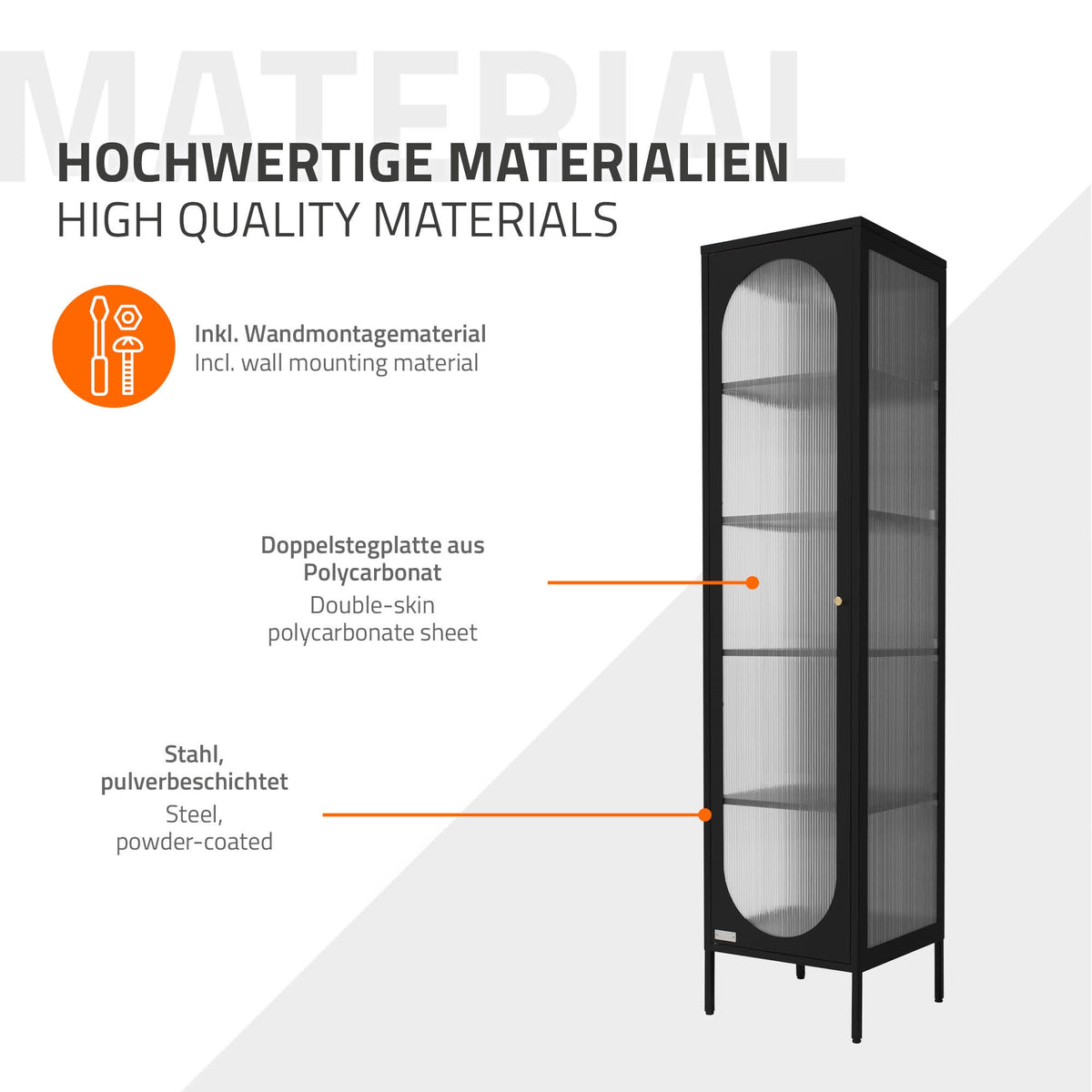 Grafik mit Informationen zu Materialien des Vitrinenschranks.
