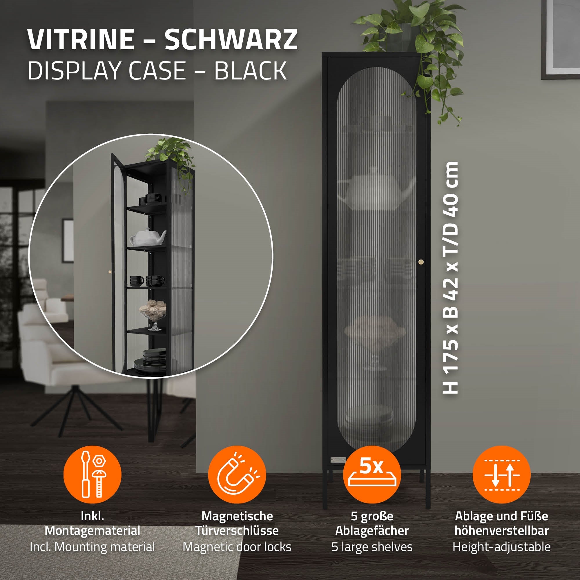 Grafik mit Details zur Vitrine, einschließlich Maße und Montage.