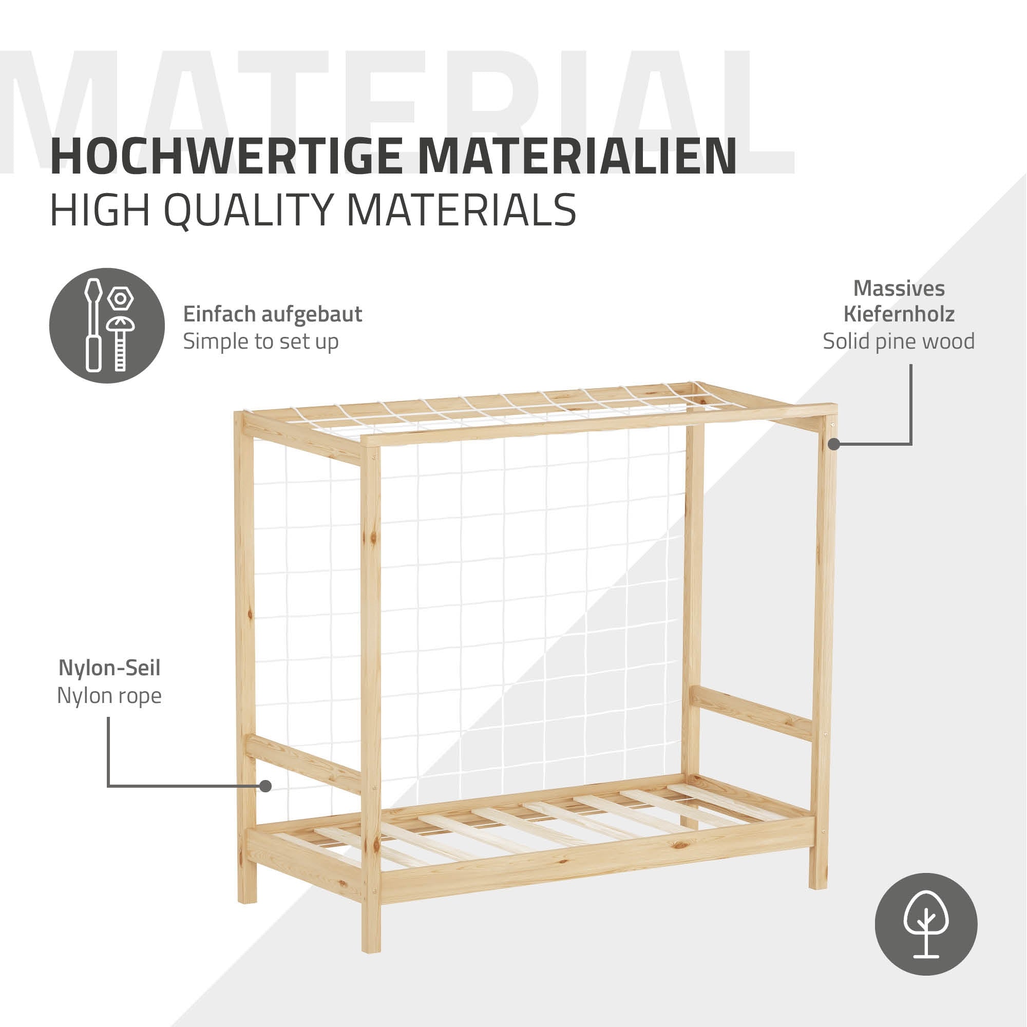 Holzgestell mit Nylon-Seil, einfach aufzubauen.