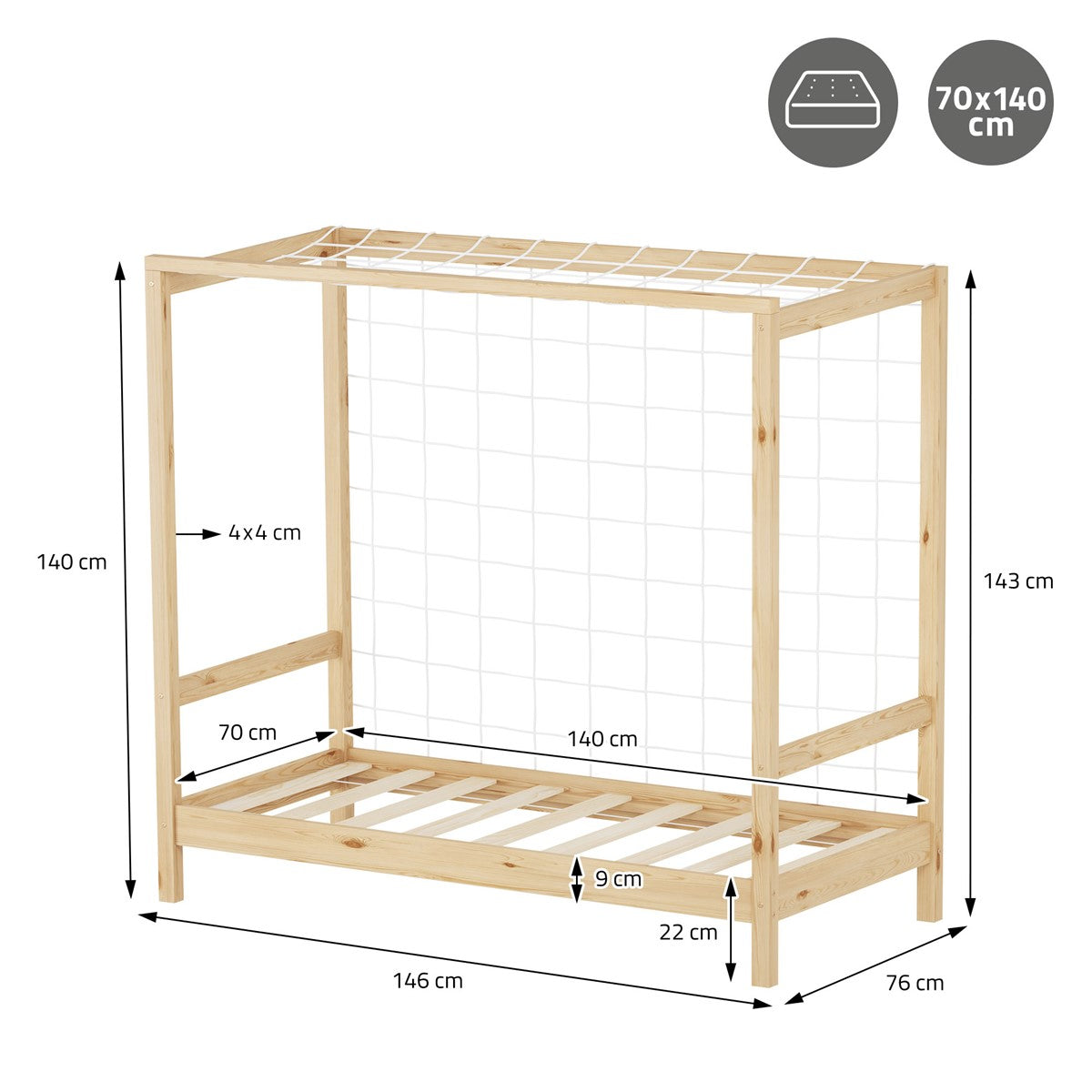 Disegno di una struttura per letto con dimensioni 70x140 cm.