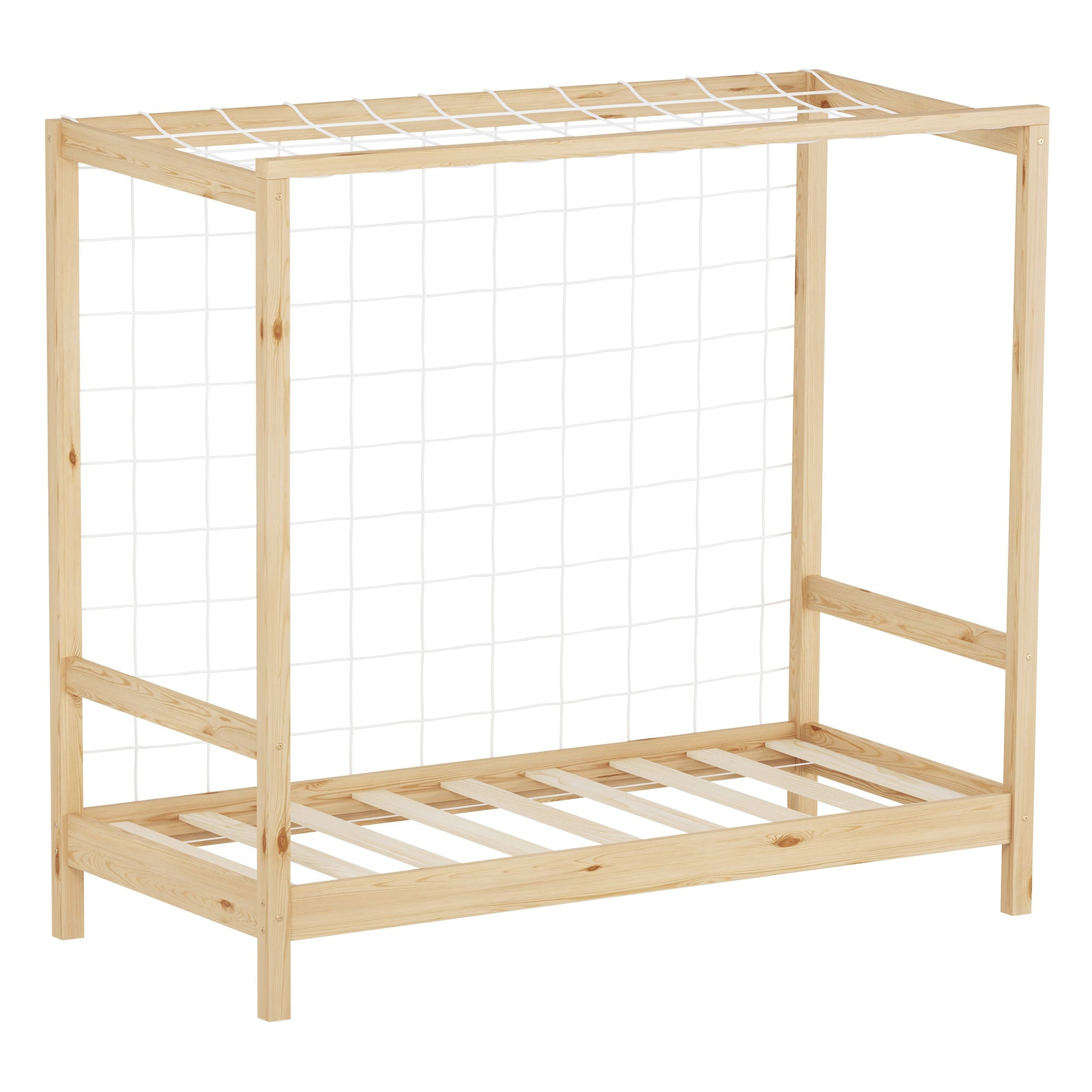 Ein einfaches Holzgestell für ein Bett mit einem Netz oben.