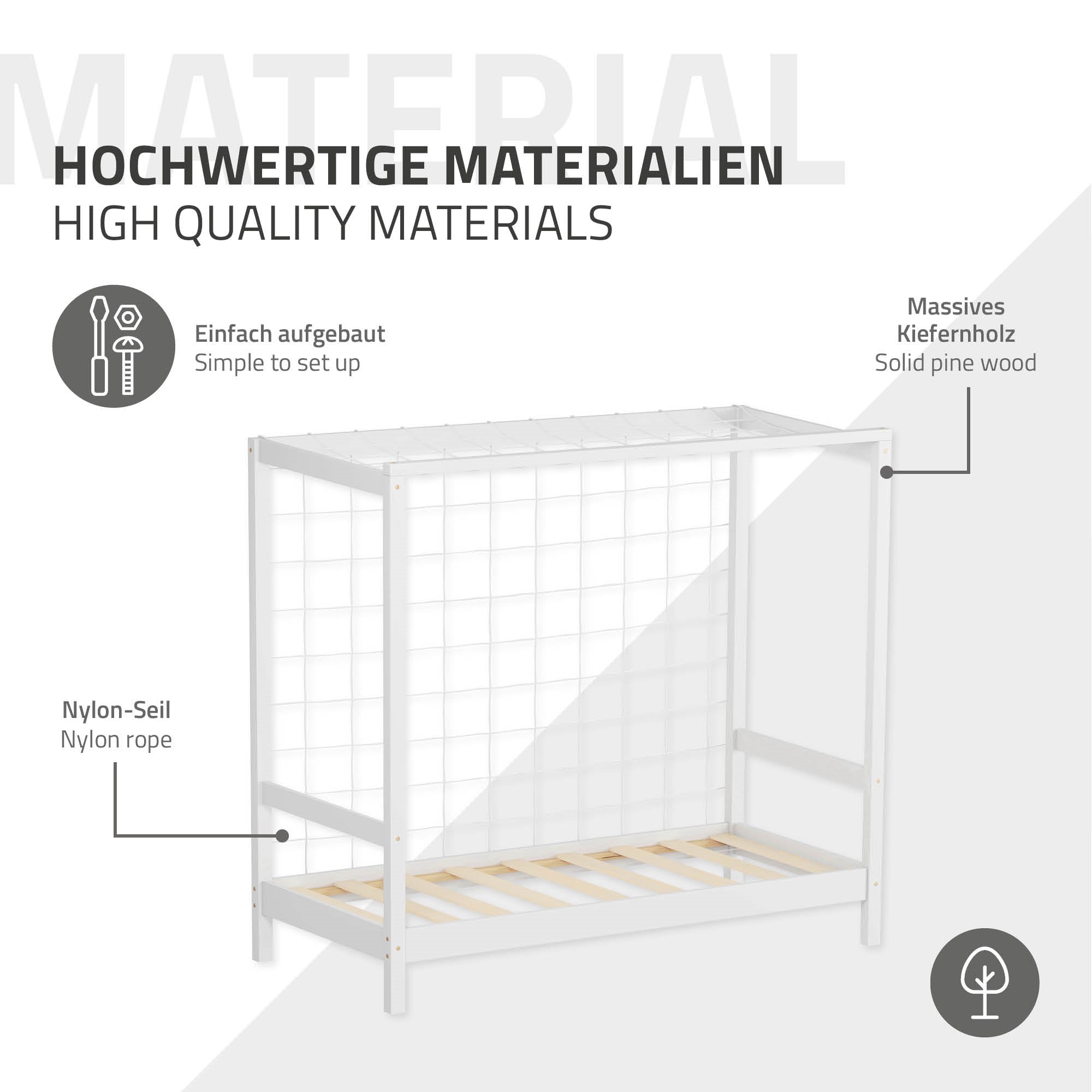 Bettgestell aus massivem Kiefernholz mit Nylon-Seil.