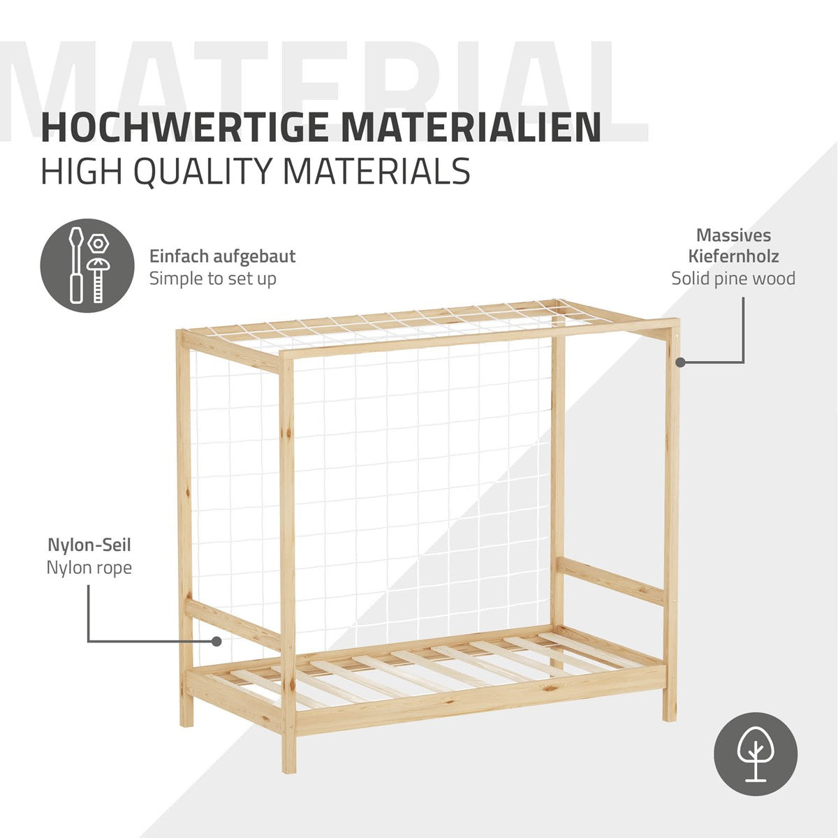 Ein Bettgestell aus massivem Kiefernholz mit einem Netz und Nylon-Seil.