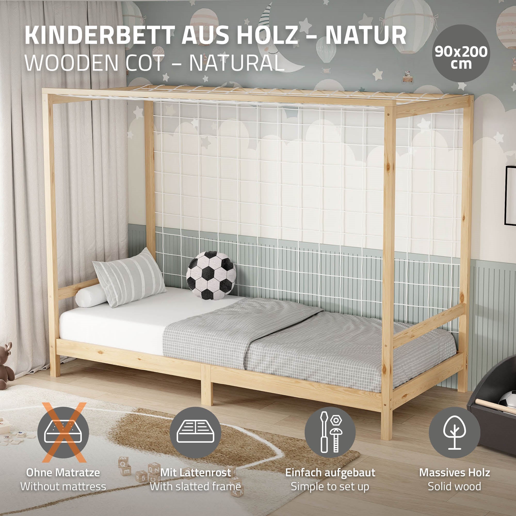 Træ-barneseng med slatted frame og uden madras.