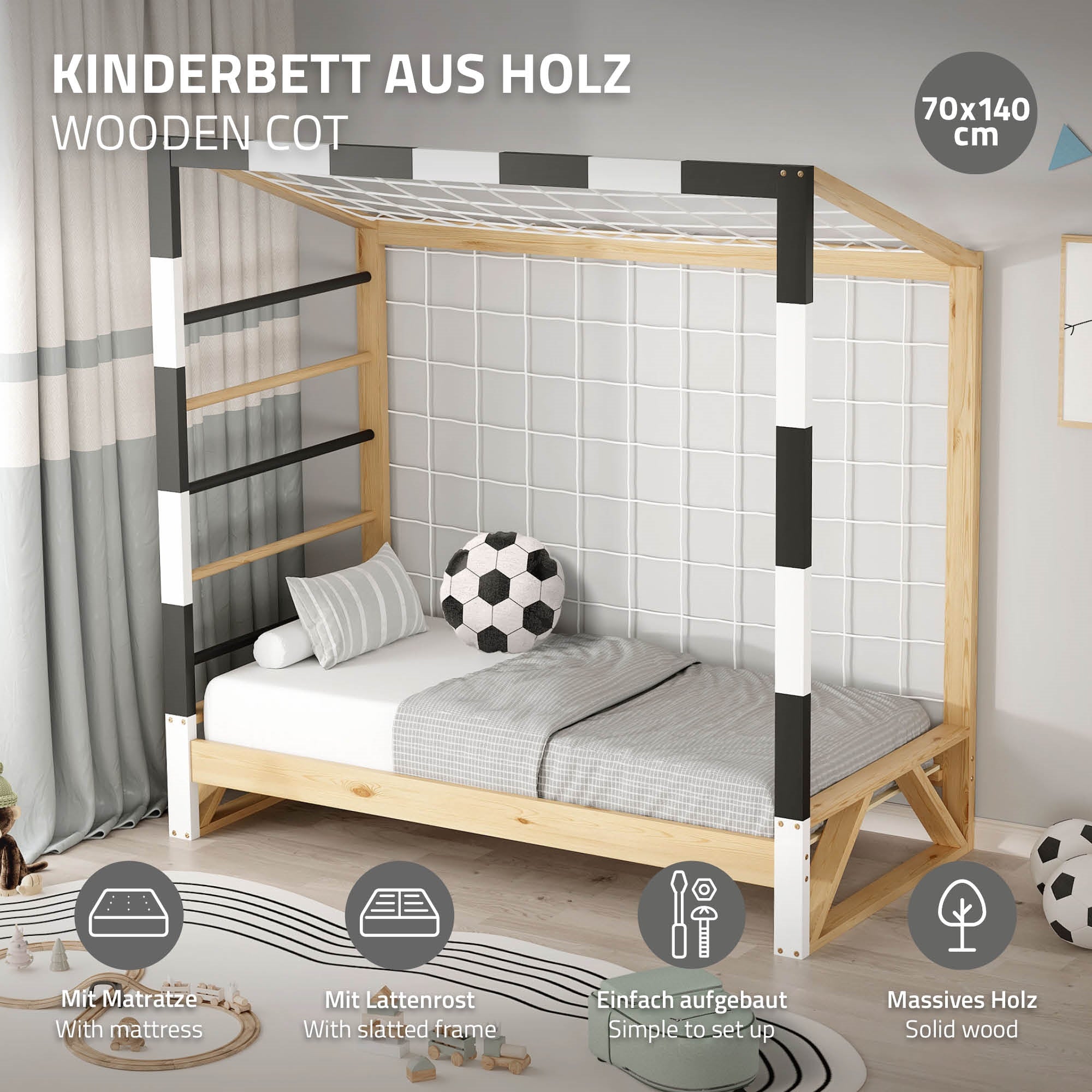 Holz-Kinderbett mit Matratze, Fußball und Gitterstruktur.