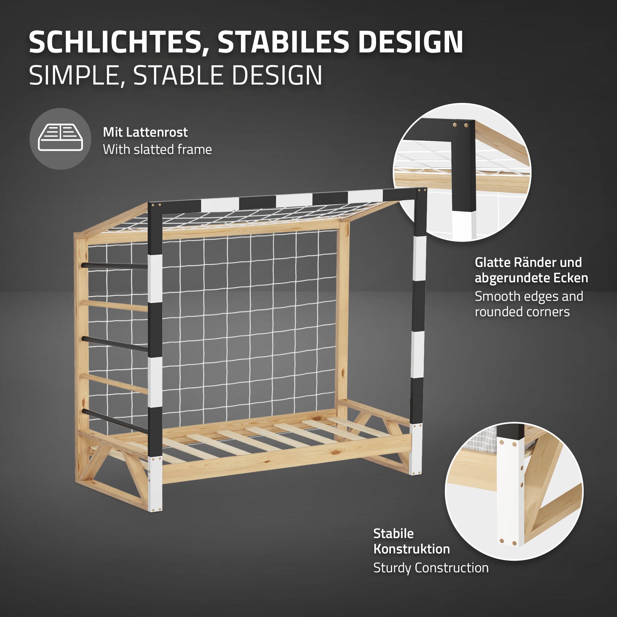 Holzgestell mit Lattenrost und stabiler Konstruktion, schwarze und weiße Akzente.