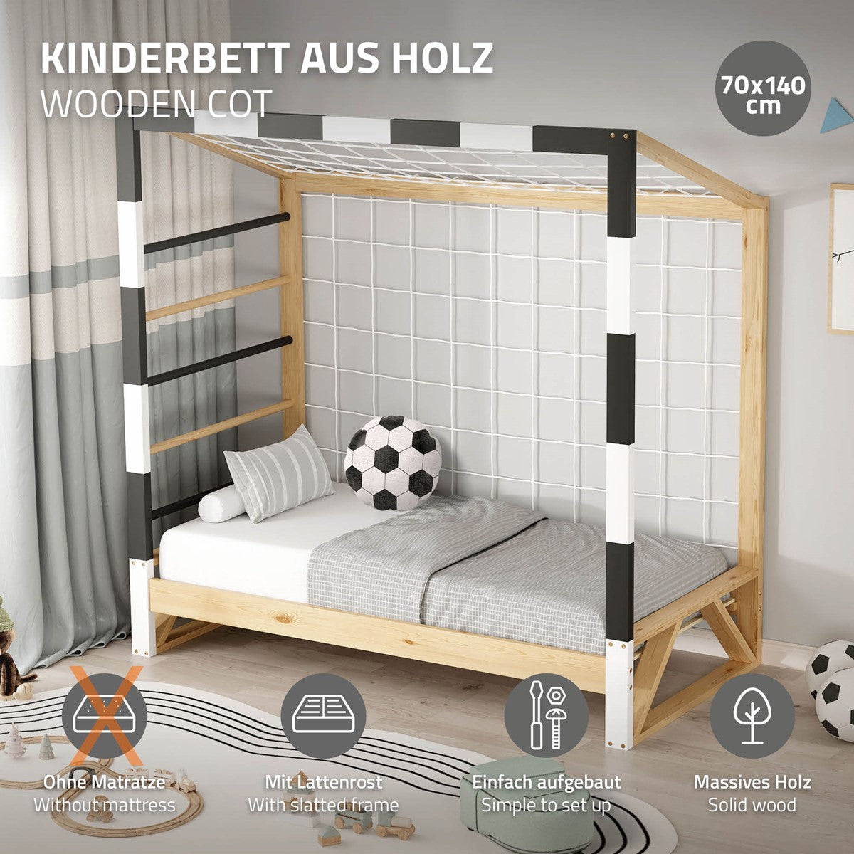 Holz-Kinderbett mit Lattenrost, ohne Matratze, schlichtes Design.