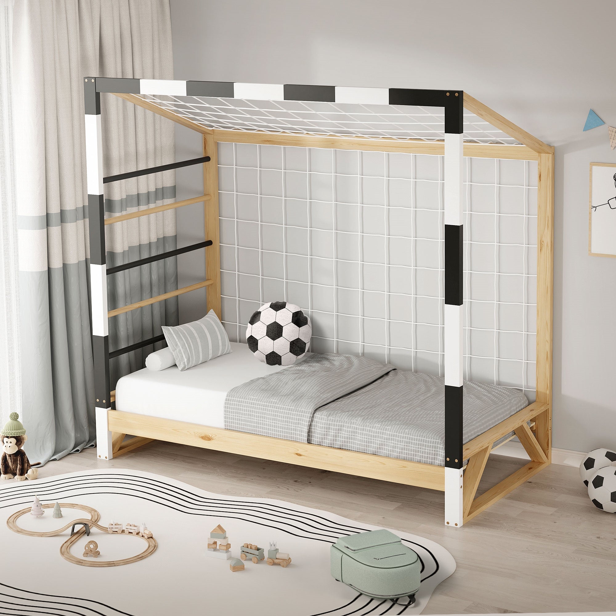 Un lit d'enfant avec échelle et motif de football, dans une pièce lumineuse.