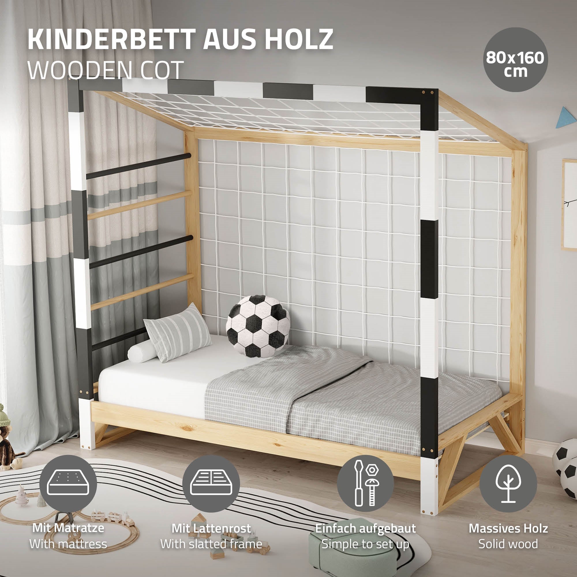 Holz-Kinderbett mit Matratze, Lattenrost und Kletterleiter, 80x160 cm.
