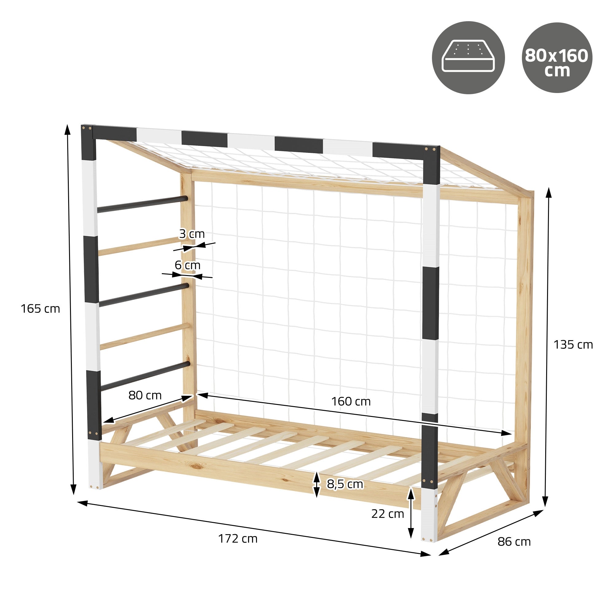 Holzgestell für ein Kinderbett mit Maßen 80x160 cm.