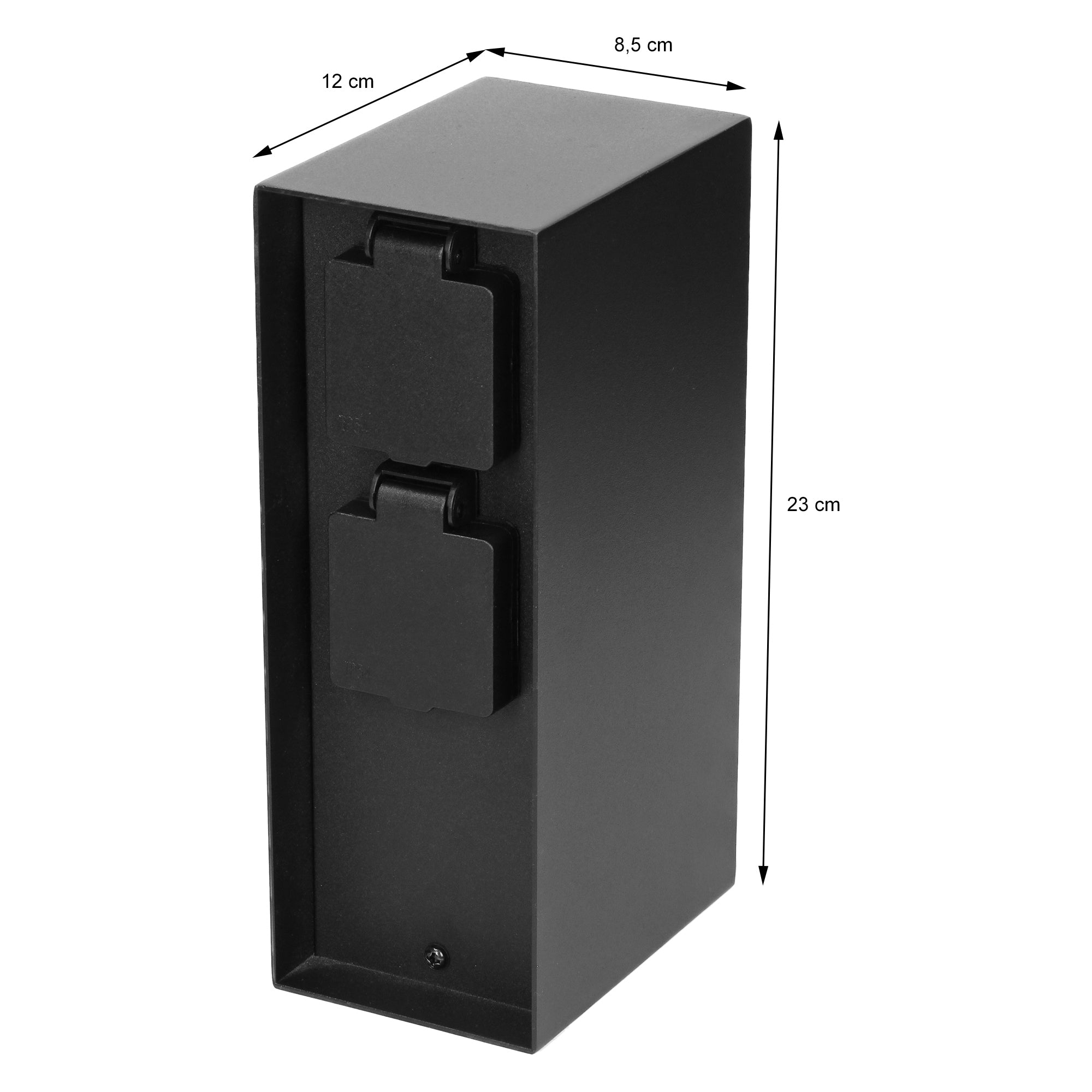 Una carcasa negra rectangular con dos tapas y medidas.