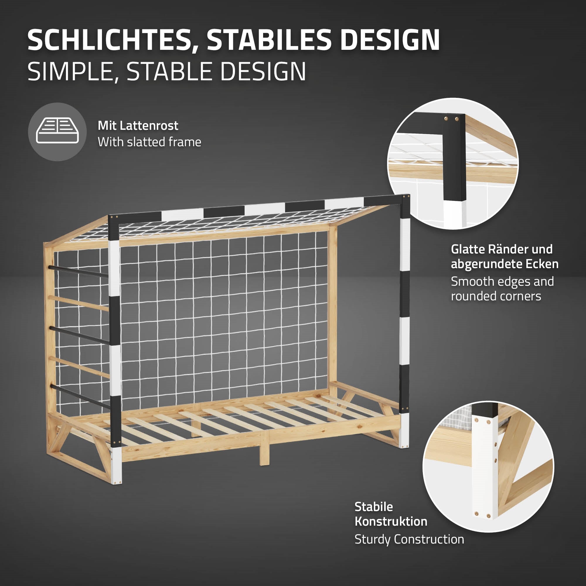 Holzgestell mit Lattenrost, schwarze und weiße Akzente, stabile Konstruktion.