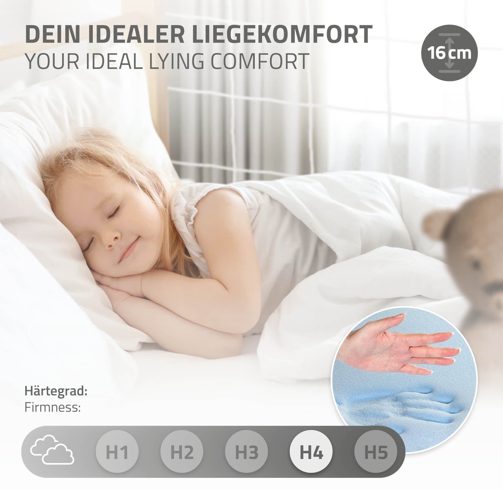 Schlafendes Kind auf einem Bett mit Kissen und Decke, H4 Härtegrad.