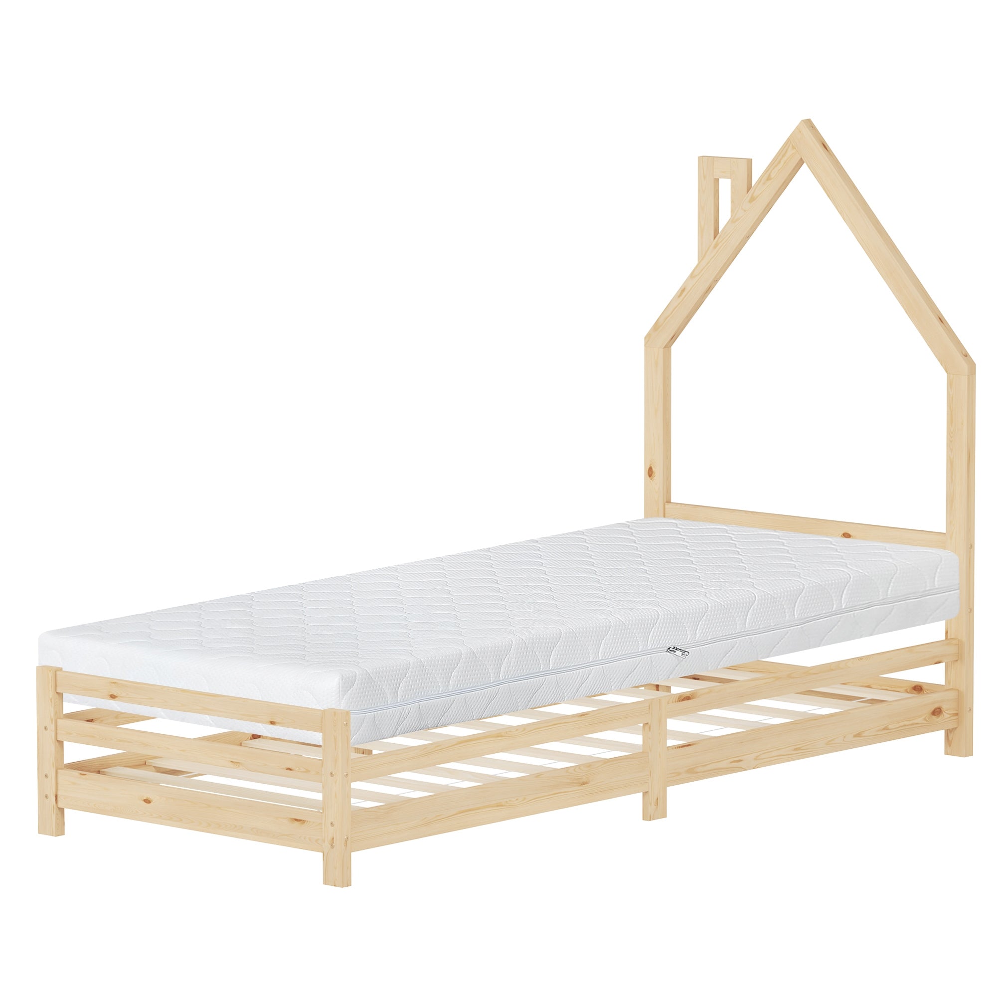 Ein Bett aus hellem Holz mit einem Dachdesign und einer weißen Matratze.