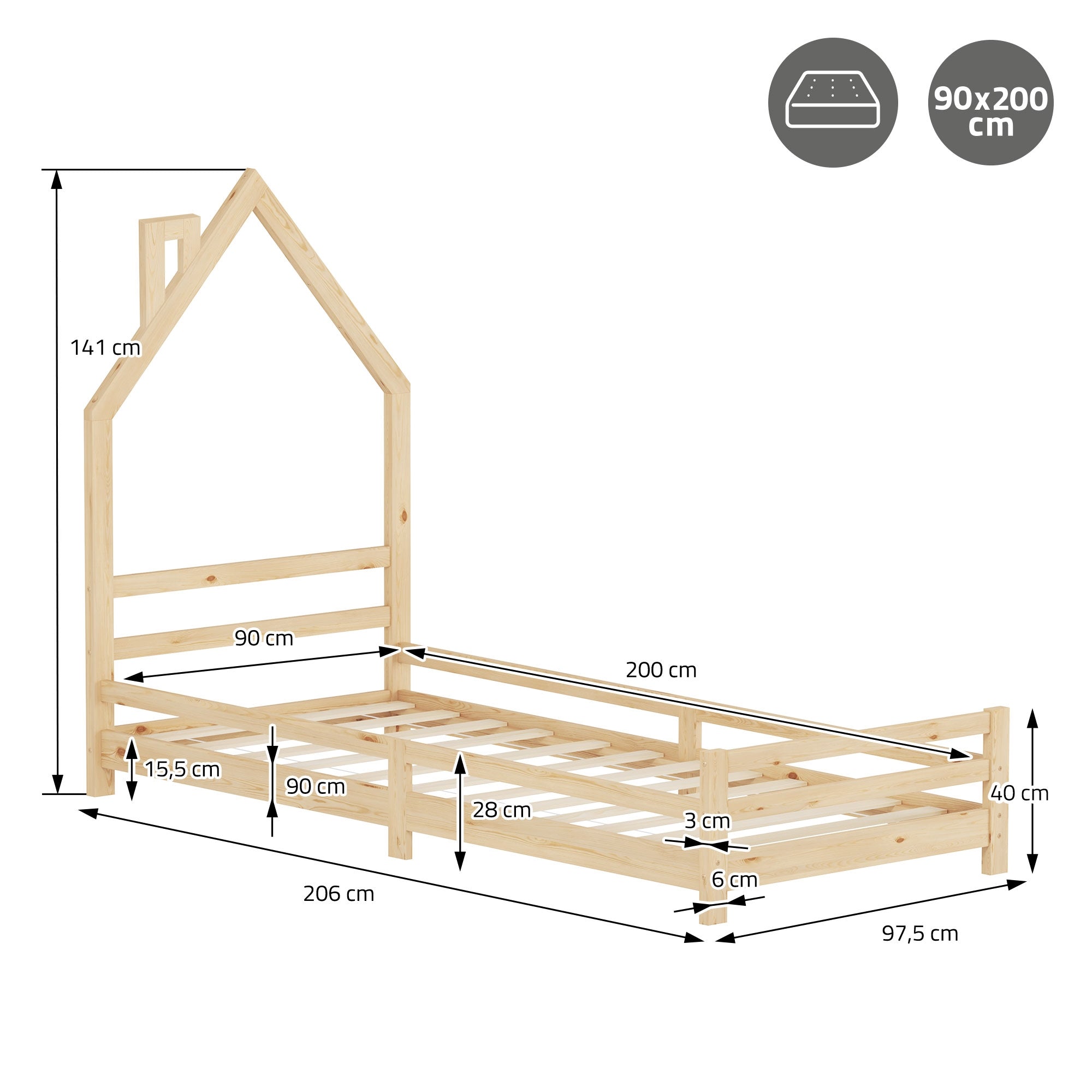 Holzbett mit Hausform, Maße: 90x200 cm, Höhe 141 cm, Breite 90 cm, Länge 206 cm.