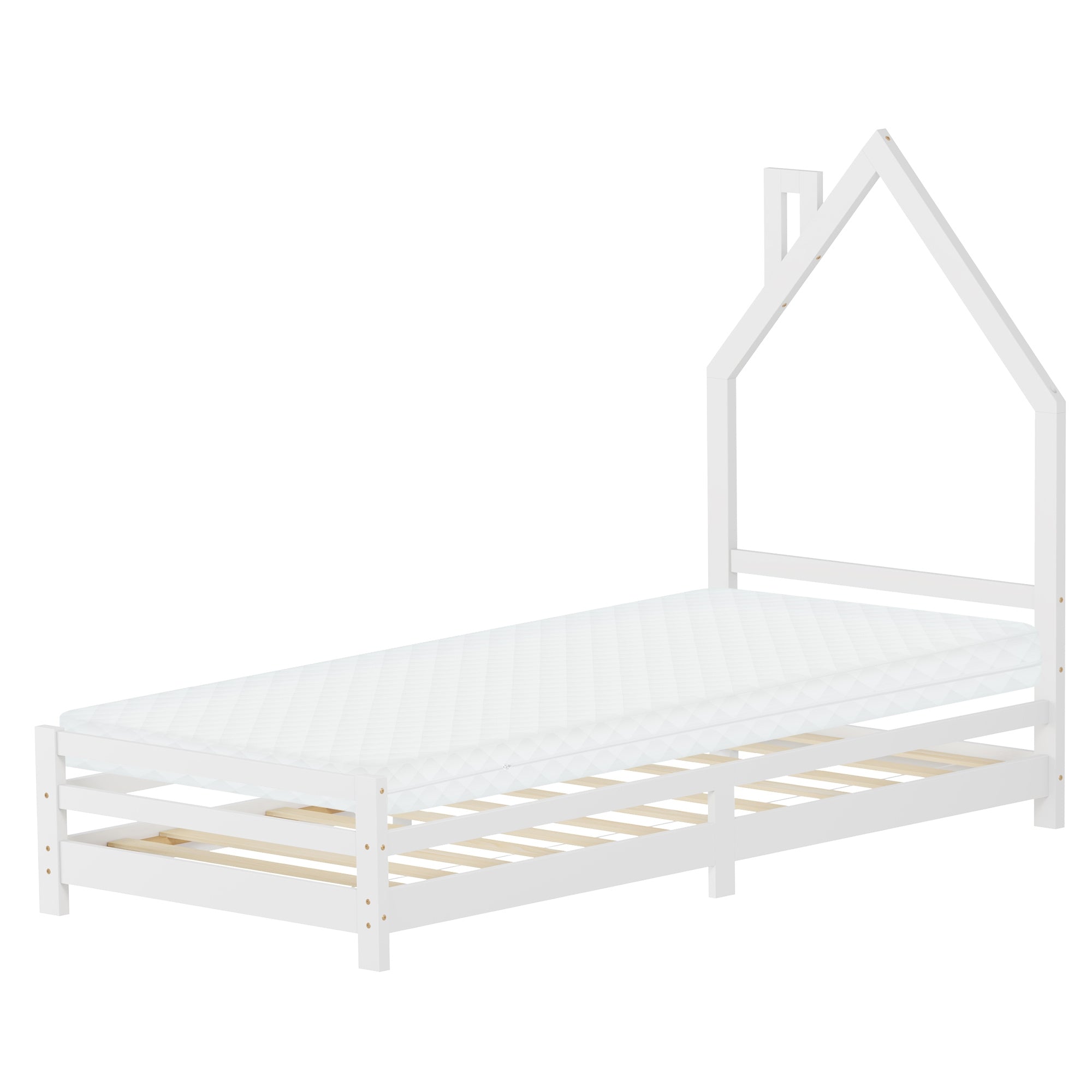 Ein weißes Bett im Hausdesign mit einer Matratze darauf.
