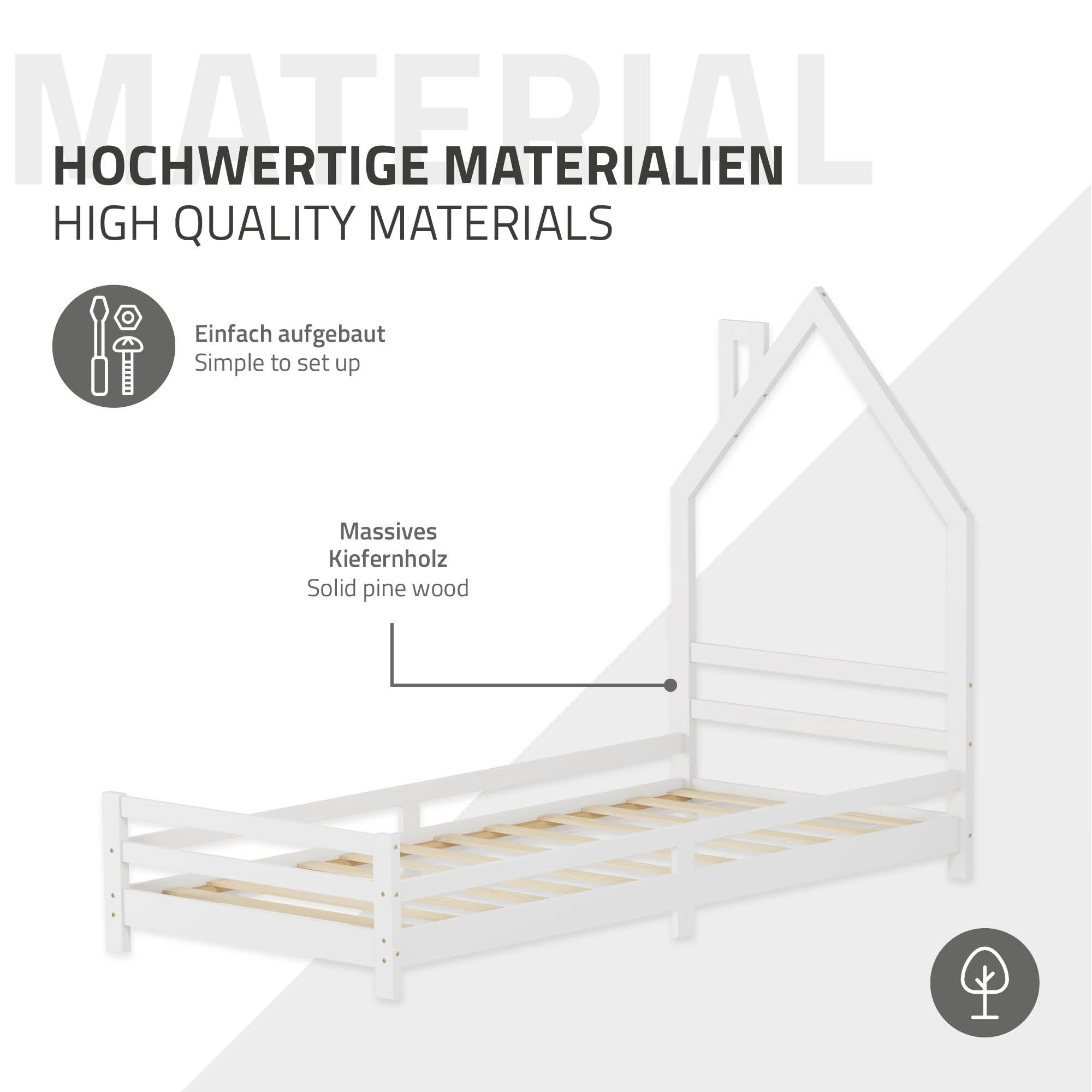 Grafik zu einem Bett aus massivem Kiefernholz mit Aufbauanleitung.