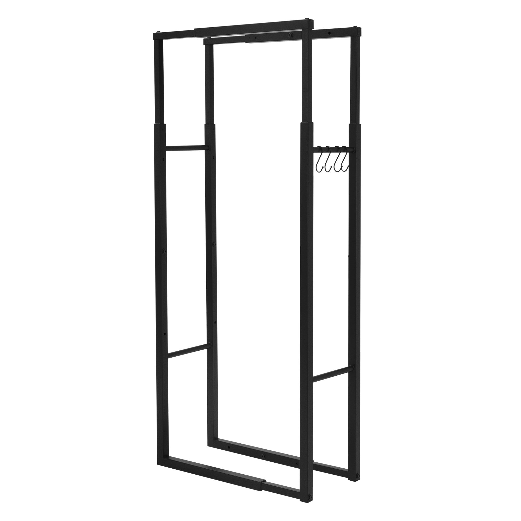 Black coat rack with multiple shelves and hooks.