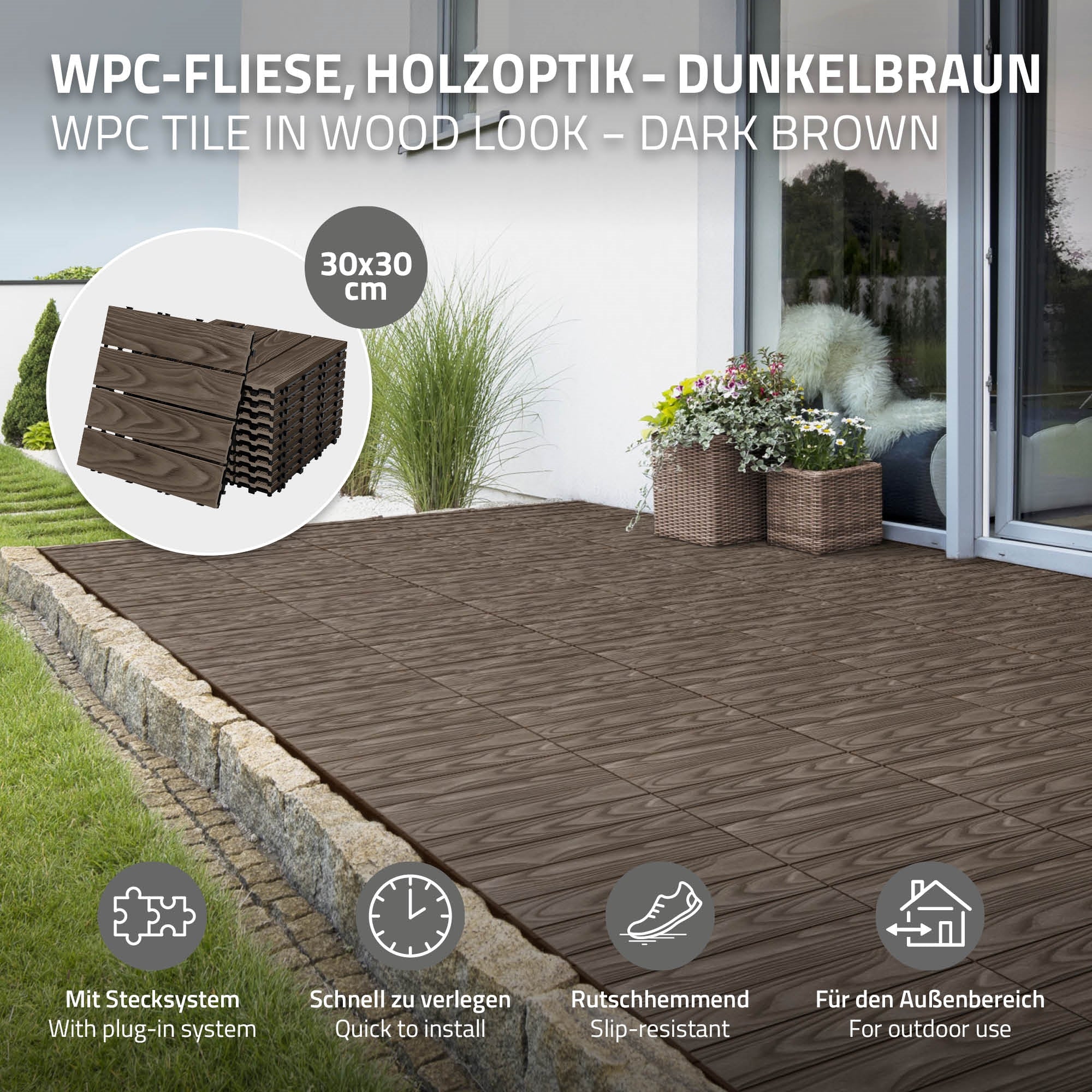 WPC-Fliesen in Holzoptik, dunkelbraun, mit Produktbeschreibung.