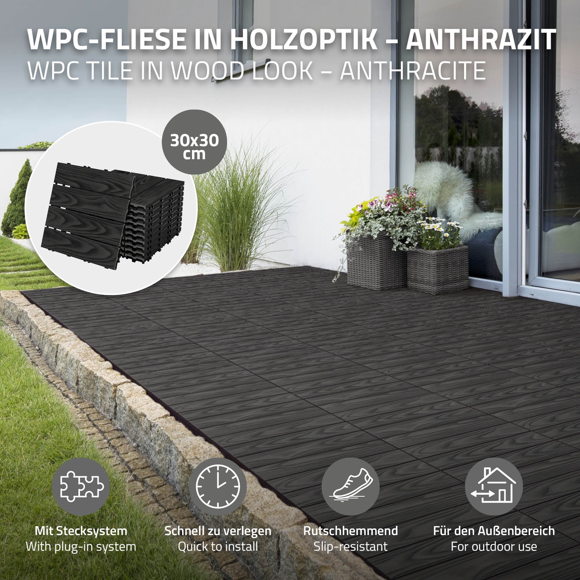 WPC-Fliese in Holzoptik, anthrazit, 30x30 cm auf einem Bodenbelag.