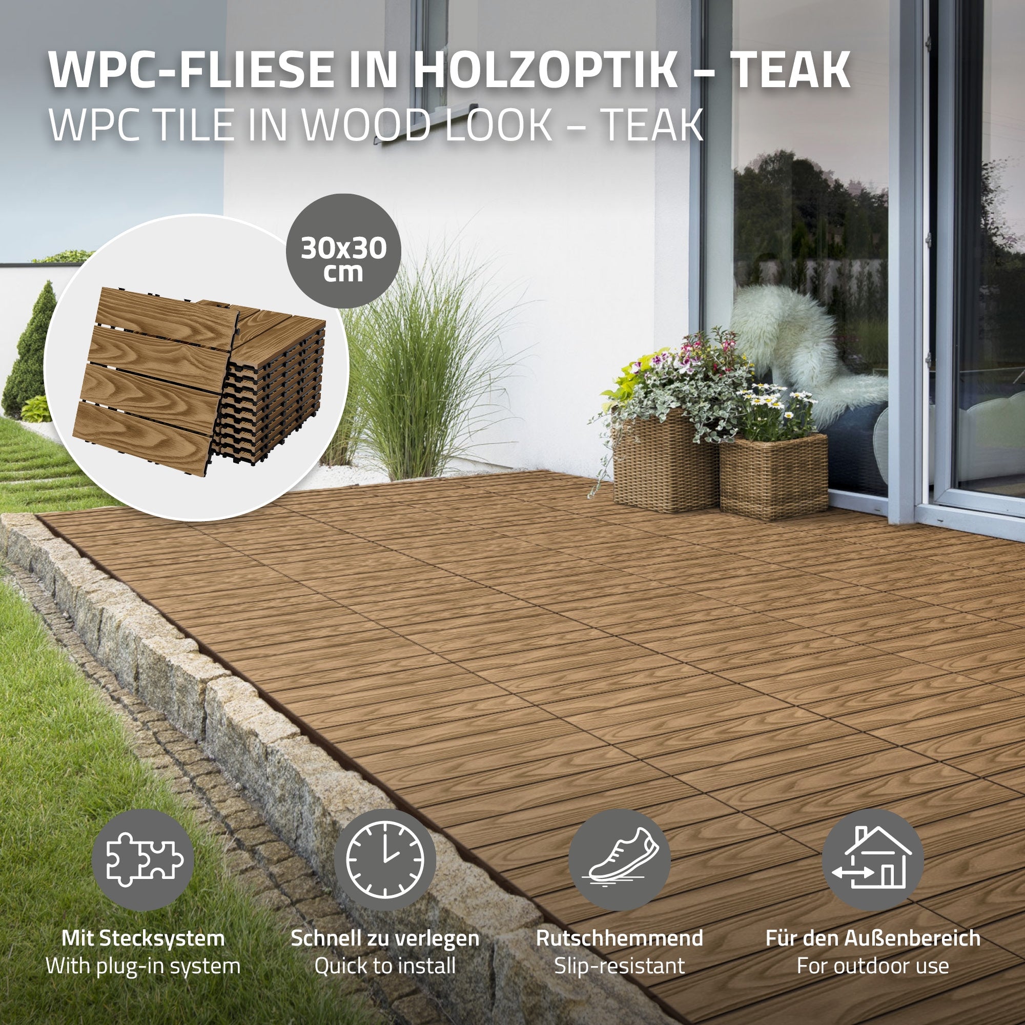 Grafik zu WPC-Fliesen in Holzoptik mit Stecksystem für den Außenbereich.