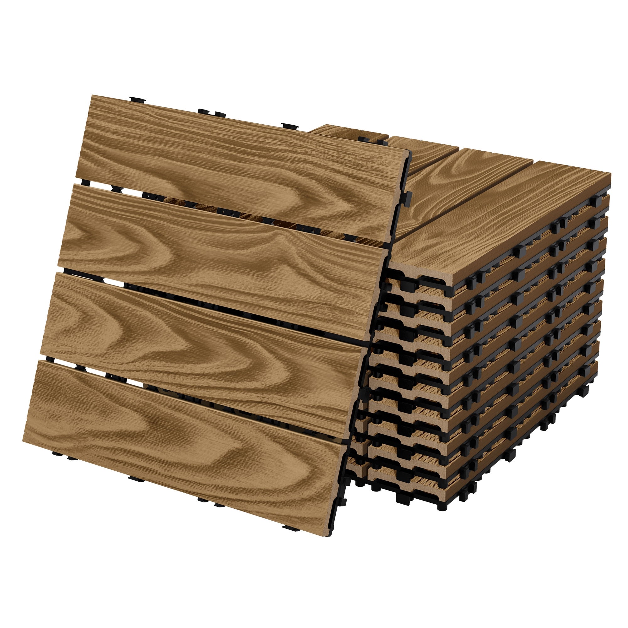 Stapel von Holzplatten mit Klicksystem für Bodenbeläge.