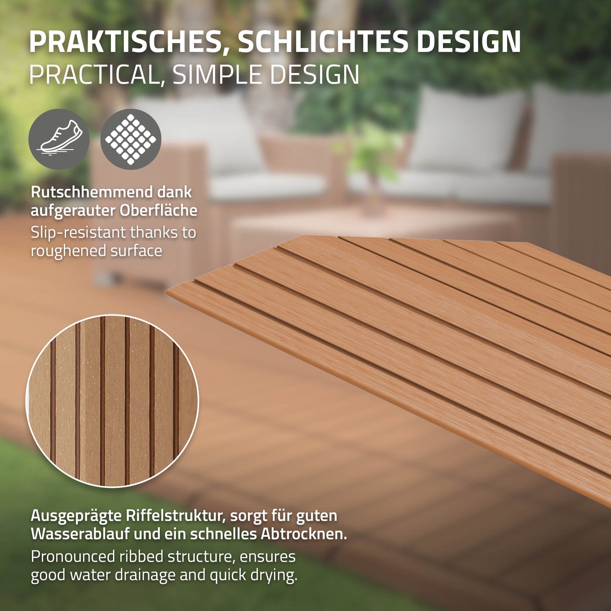 Close-up of a slip-resistant surface with textured wooden planks.