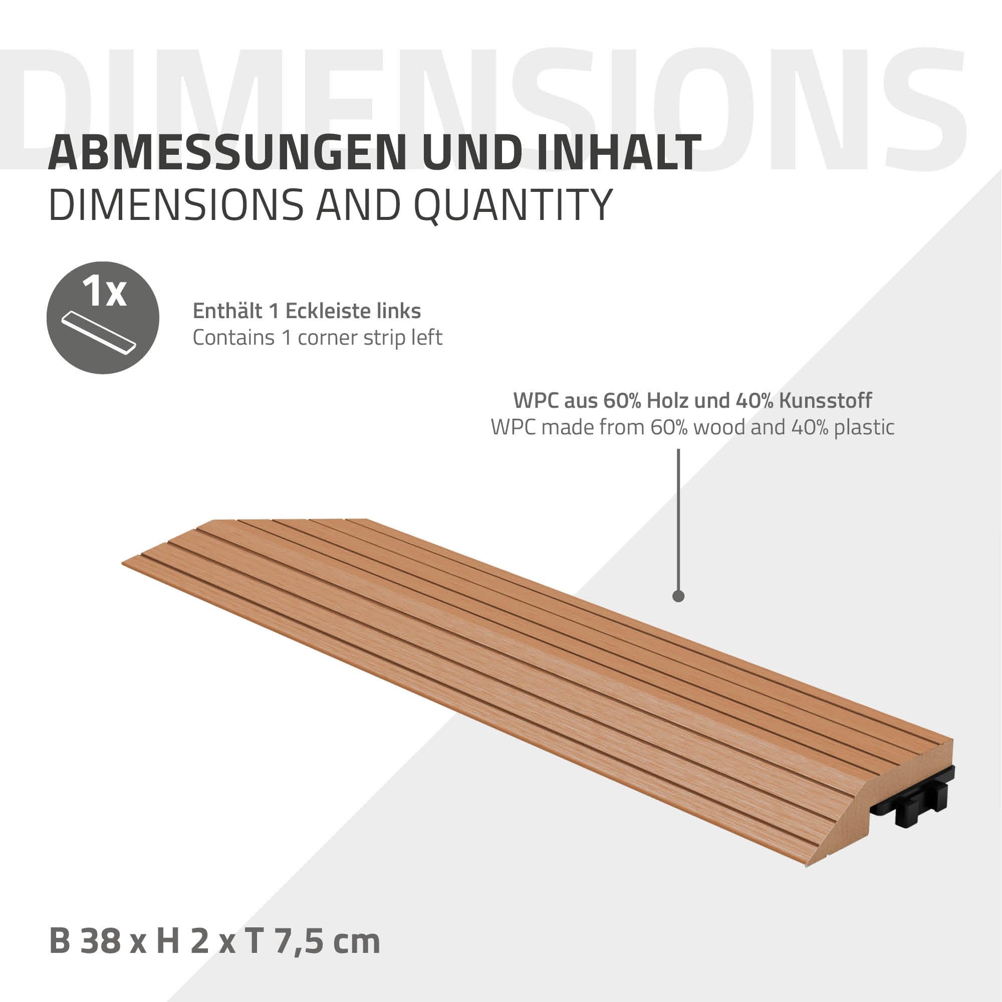 Dimensions and content of a WPC strip, 60% wood and 40% plastic.