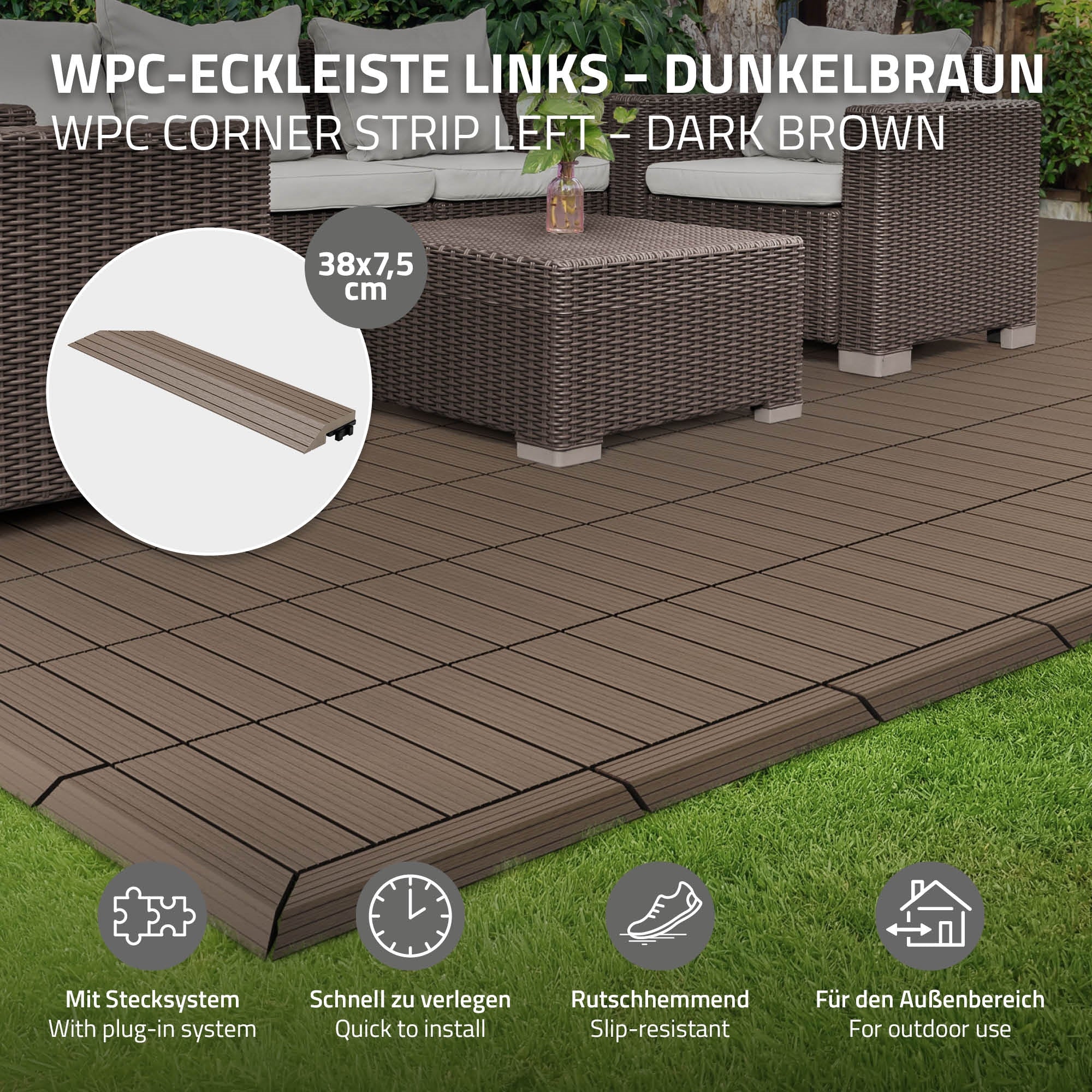 Dunkelbraune WPC-Eckleiste auf einem Bodenbelag mit Möbeln im Hintergrund.