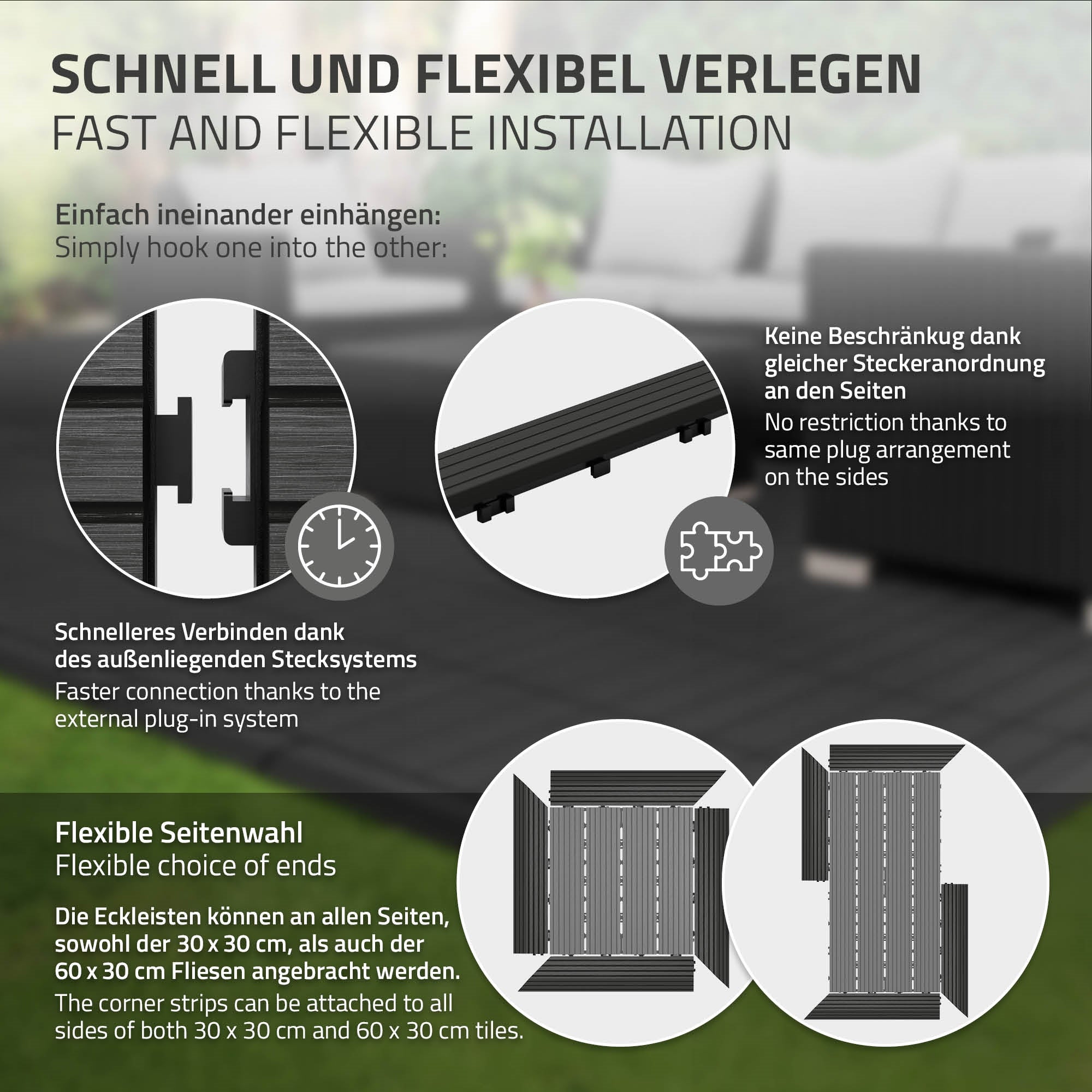 Flexible Verlegung von Holzpaneelen mit verschiedenen Anschlussmöglichkeiten.
