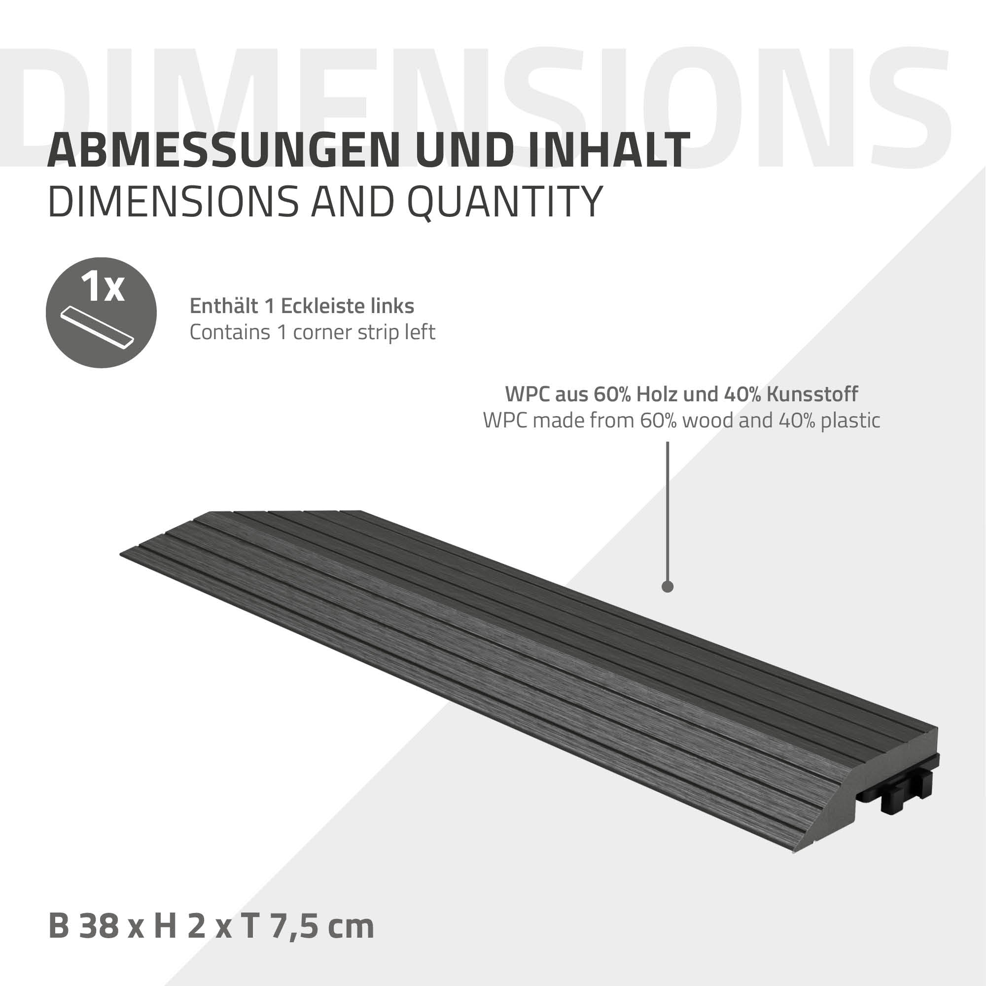 Eckleiste mit Abmessungen und Materialbeschreibung.