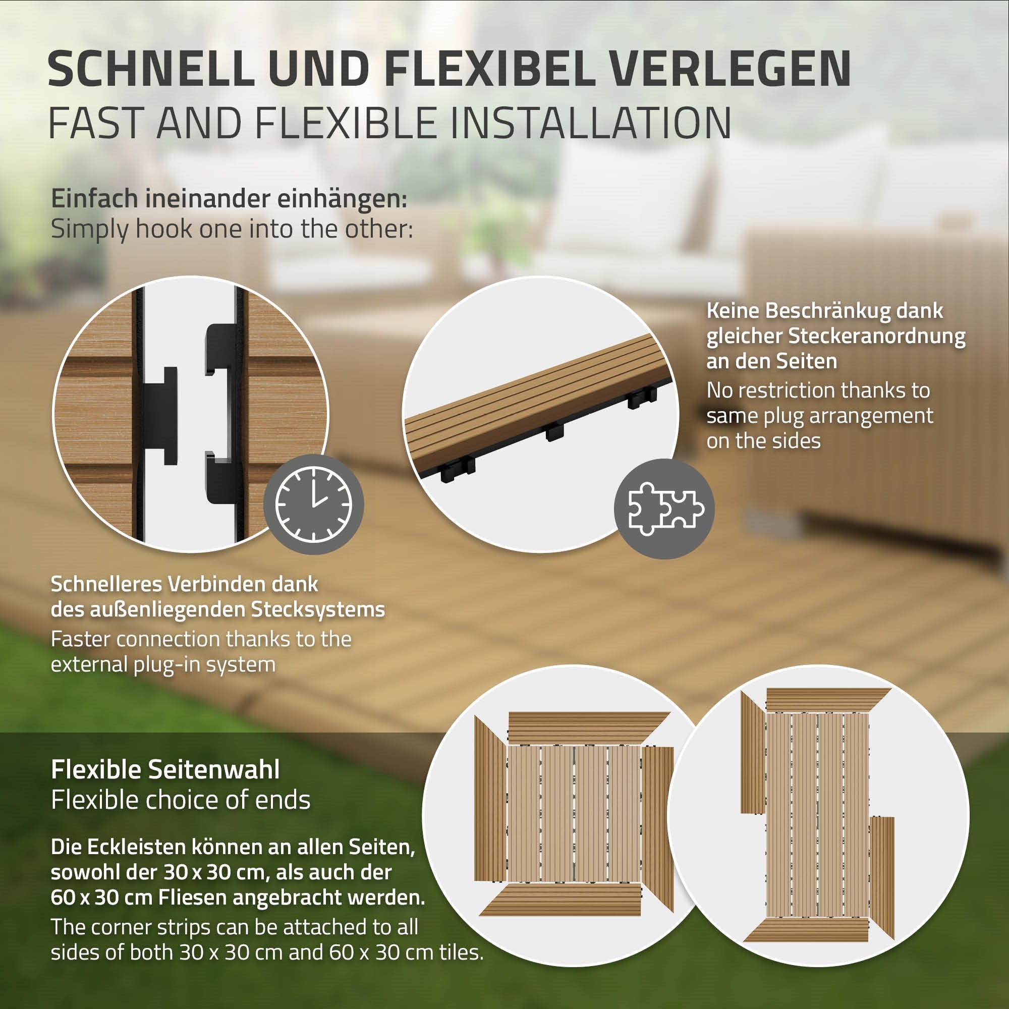 Grafik zur flexiblen Verlegung von Terrassendielen mit Stecksystem.