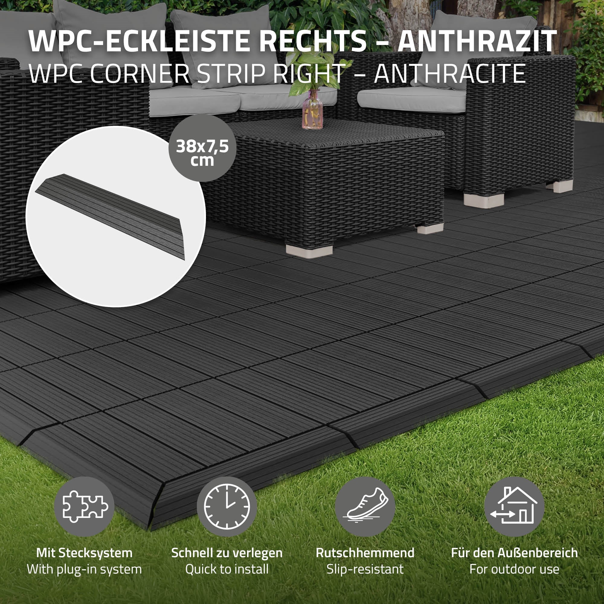 Terrasse mit anthrazitfarbenen WPC-Eckleisten und Rattanmöbeln.