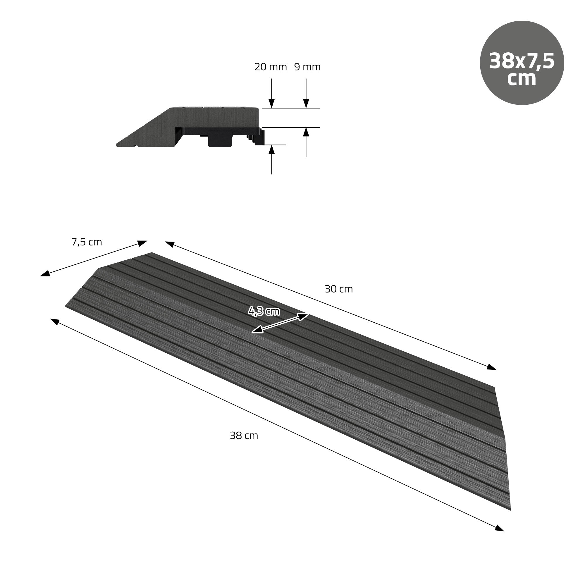 Technical drawing of a larger finishing strip with dimensions.